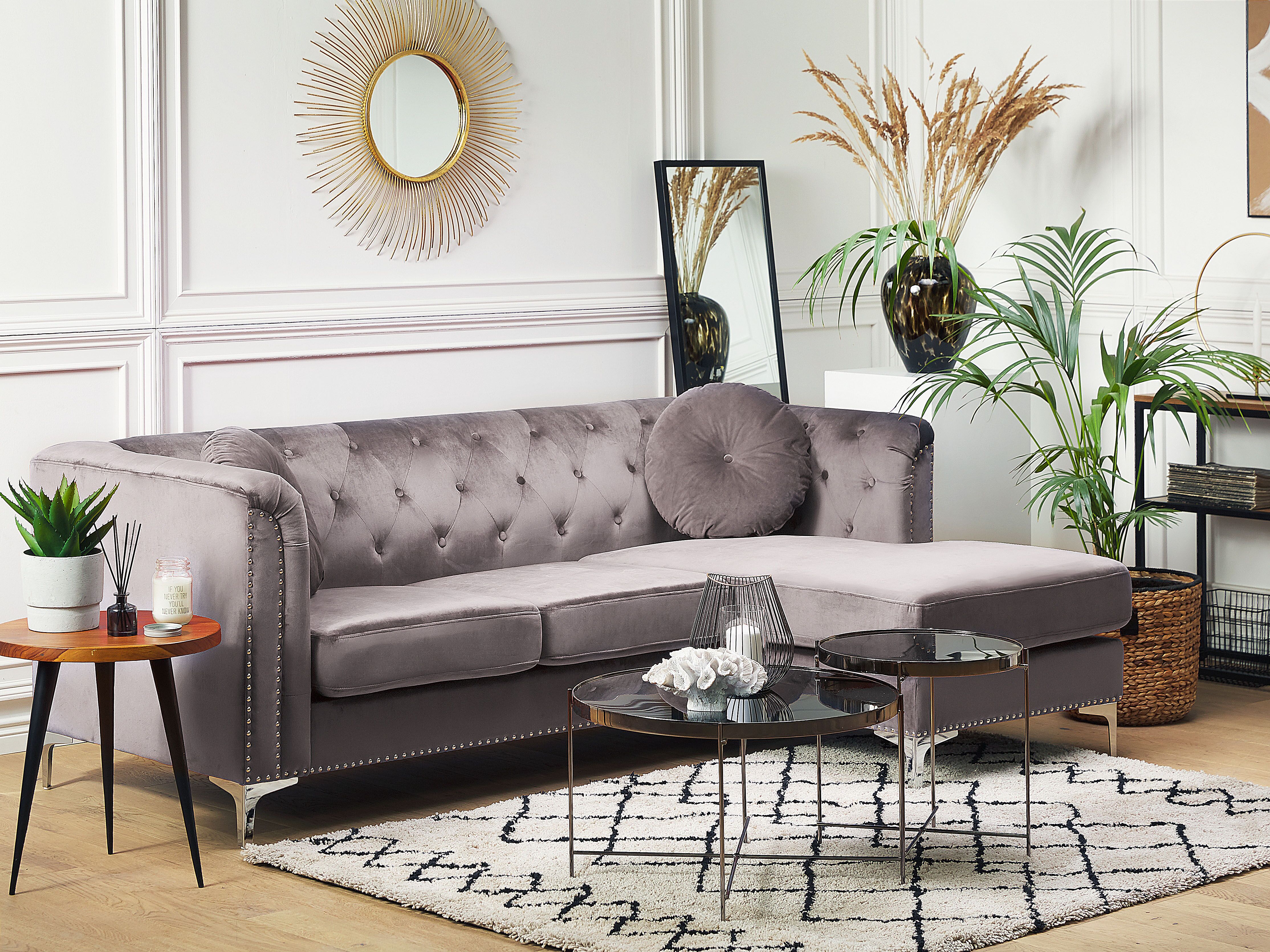 Corner Sofa 3 Seater FLEN Velvet Grey Left Hand