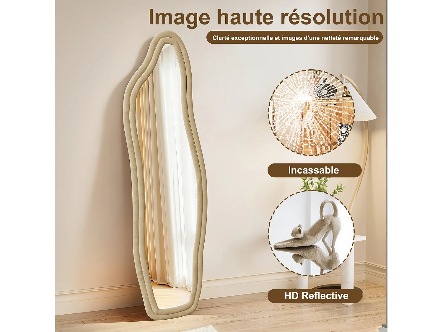 Miroir pleine longueur - 160 x 50 x 3 cm - Irrégulier en forme de dauphin - avec cadre en flanelle - jaune