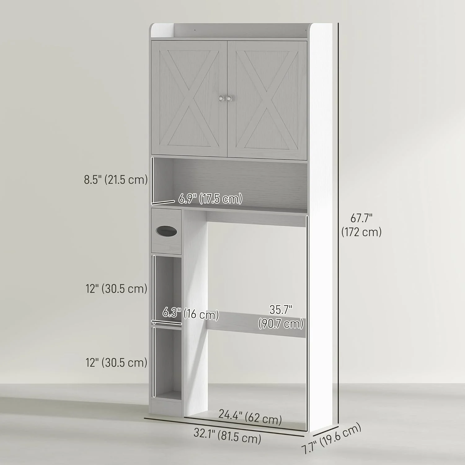 ZIRAV  Over The Toilet Storage Cabinet, Farmhouse Above Toilet Bathroom Organizer with Barn Doors, Adjustable Shelf, Toilet Paper Holder, Freestanding Space Saver for Laundry,  Distressed White