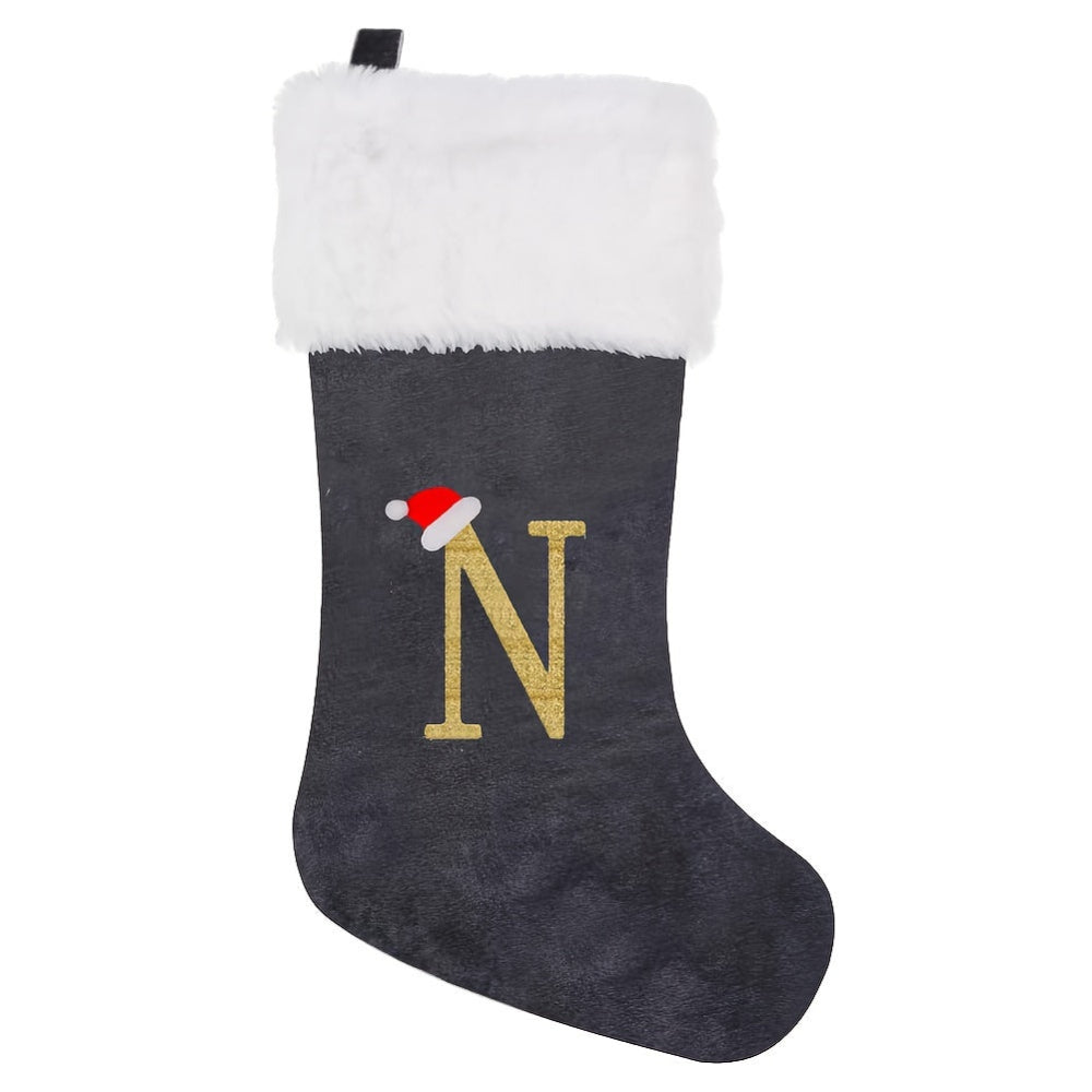 Gepersonaliseerde Fluwelen Kerstsok met Monogram – Modern Grijs Ontwerp