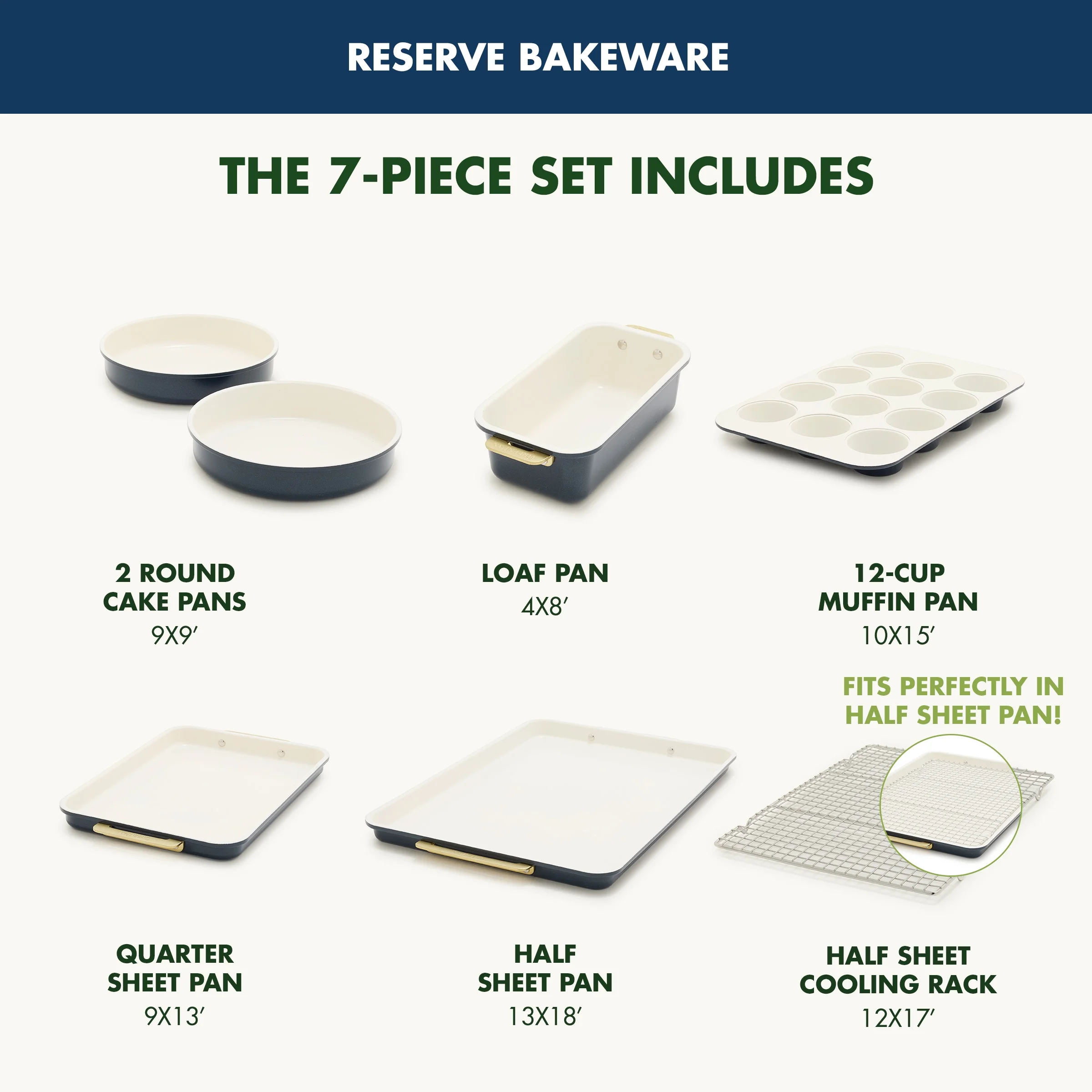 GreenPan Bakeware Set, 7 Piece Nonstick Ceramic Baking Sheets, Cake Pans, Loaf Pan, Muffin Tin, Cooling Rack, Green - Image 10