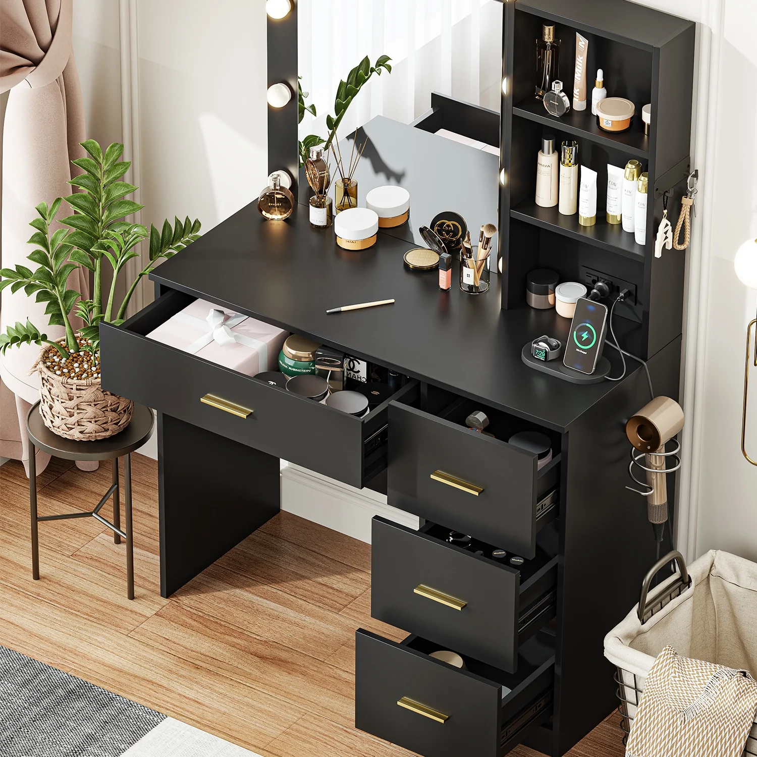Makeup Vanity with Mirror and 3 Color Lights,Vanity Dressing Table with USB Charging Station,4 Drawers,Open Storage Shelves,White - Image 33