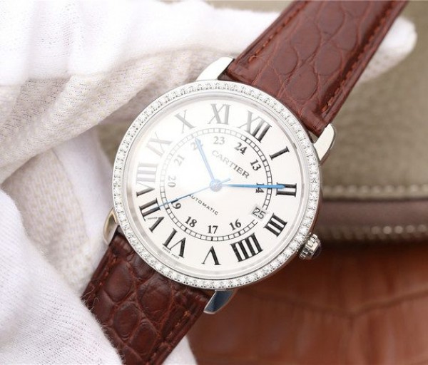 Replica Cartier Ronde De Cartier SS White Dial Diamonds Bezel Croco Strap A2892 - Elite Watch Atelier