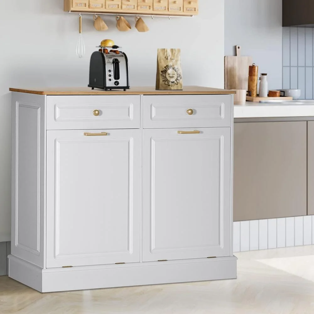 Eclife 20 Gallons Double Tilt Out Trash Cabinet Wood Tabletop, Upgrade Gray, WB010GY - Image 30