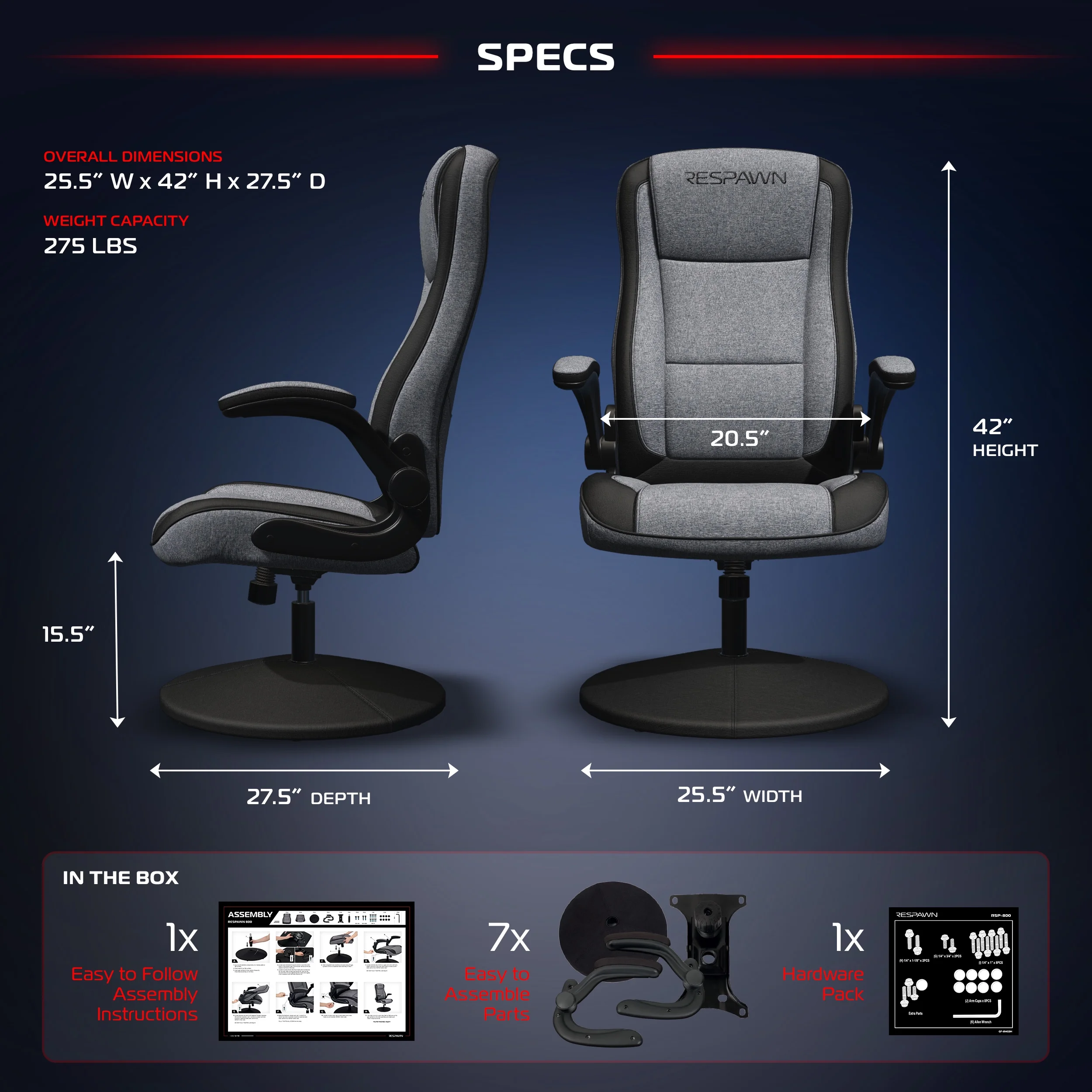 RESPAWN 800 Swivel Rocker Gaming Chair - Ergonomic Floor Gaming Seat with Lumbar Support, Flip Up Armrest, High Back, Pedestal Base, Comfortable No Wheels Console Video Game Rocker Chair - Red - Image 44