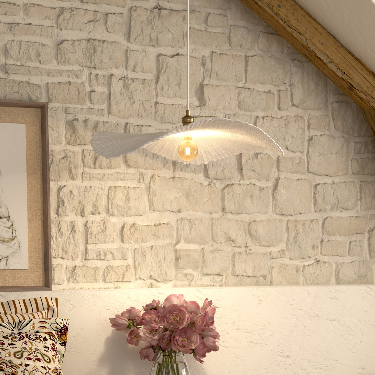 Papier-m&acirc;ch&eacute; pendant light "Tehani" White, D. 57 cm