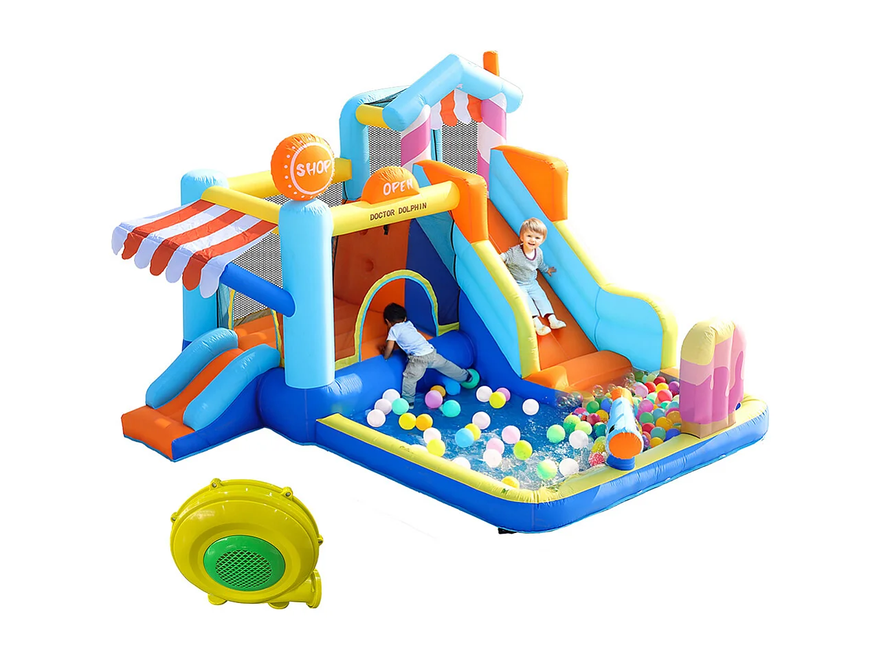 Château gonflable parc aquatique extérieur toboggan trampoline fontaine pistolets eau soufflerie 450W bleu