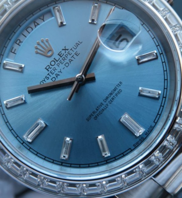 Replica Rolex Day-Date SS Diamonds Bezel Ice Blue Dial Crystal Markers SS Bracelet A3255 - Elite Watch Atelier