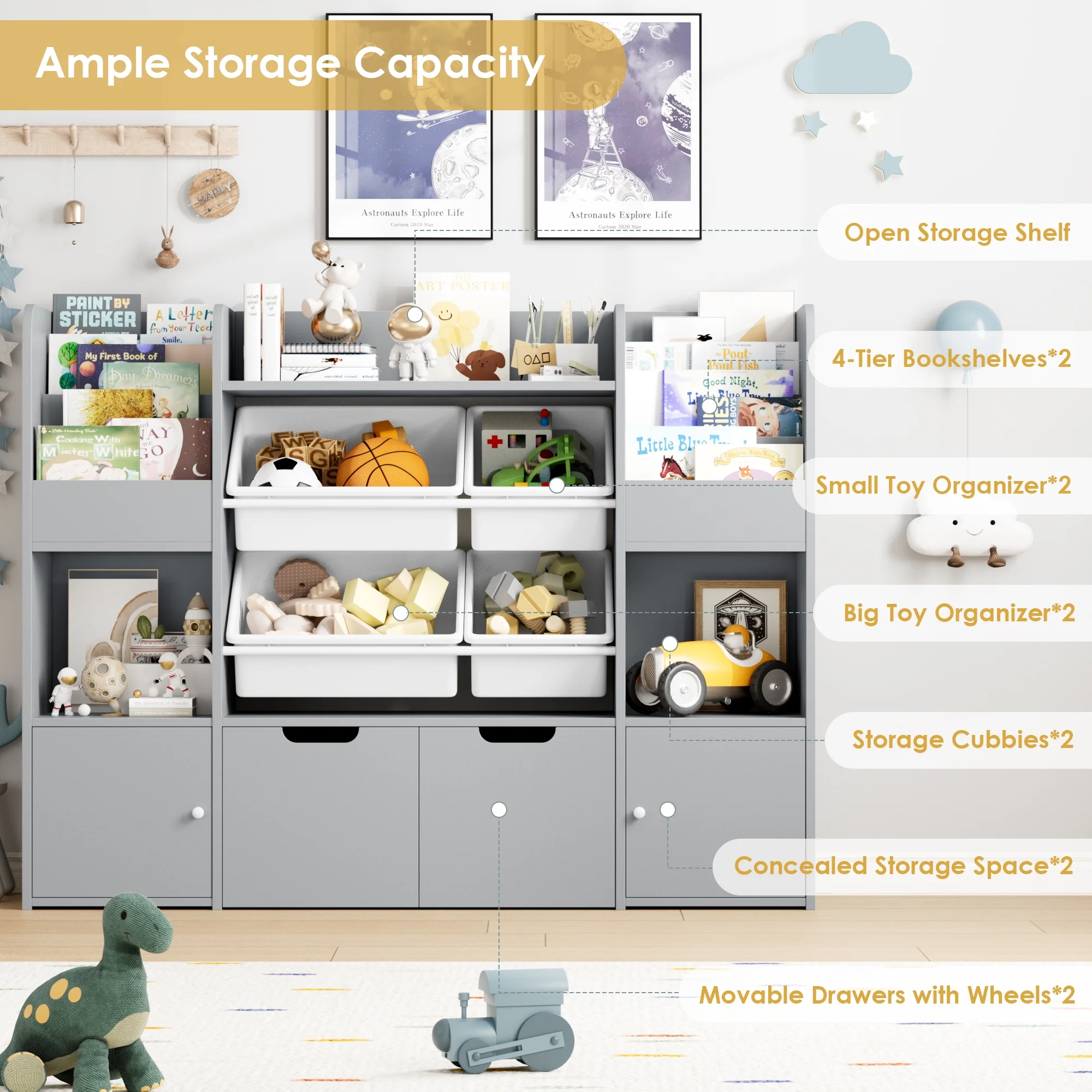 Hiphuta Kids Bookcase Toy Storage Organizer, Wooden Toy Organizer of 4 Bins& 2 Removable Drawers for Home Bedroom, Kids Bookshelf Toy Box with Book Rack, White - Image 29