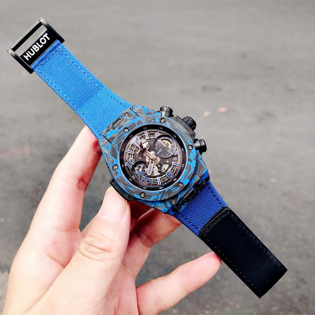 Hublot Big Bang Unico Blue Carbon Replica Watches Best Quality Fabric Strap 45mm - Elite Watch Atelier