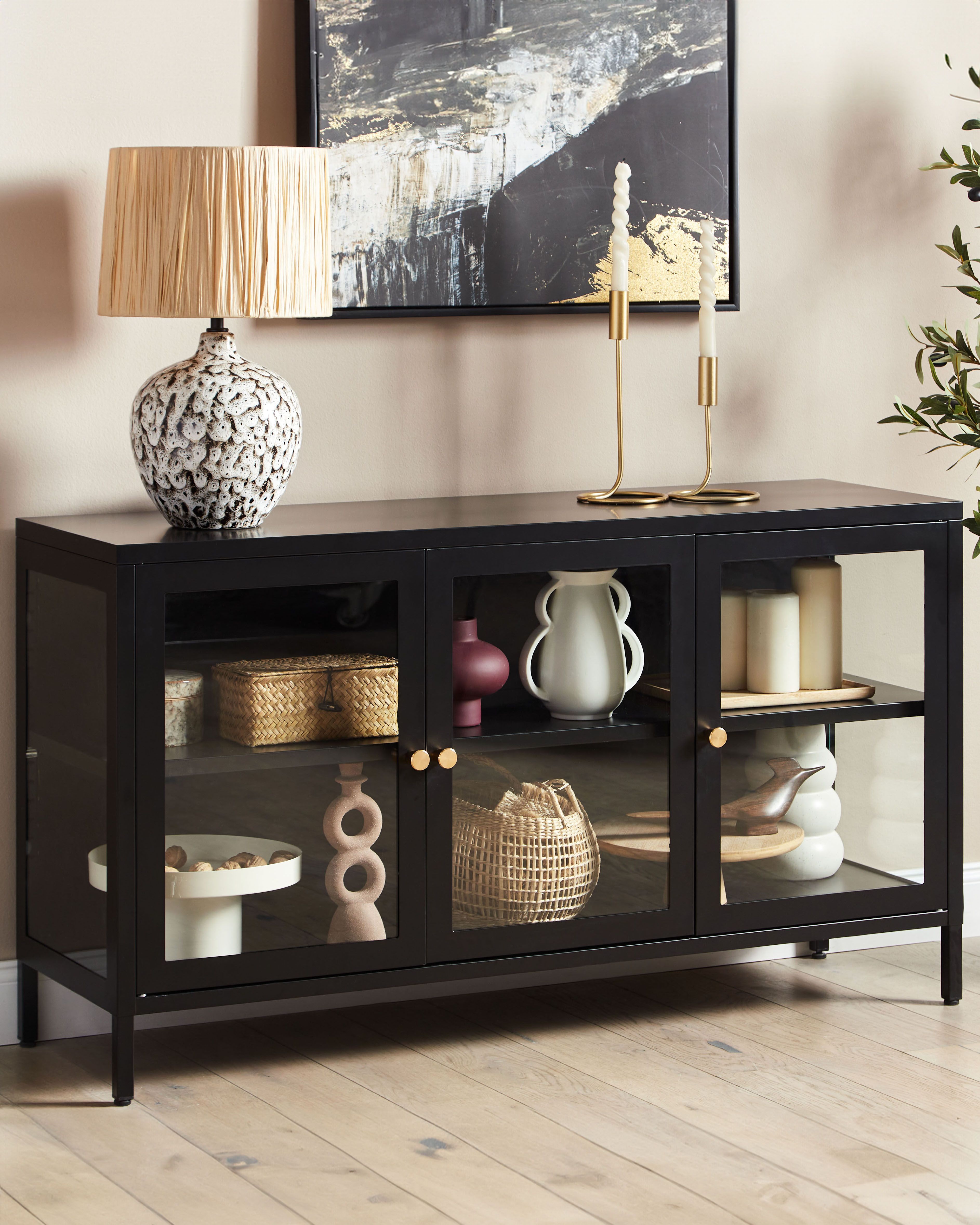 Glass Display Sideboard NEWPORT Metal 115 cm Black