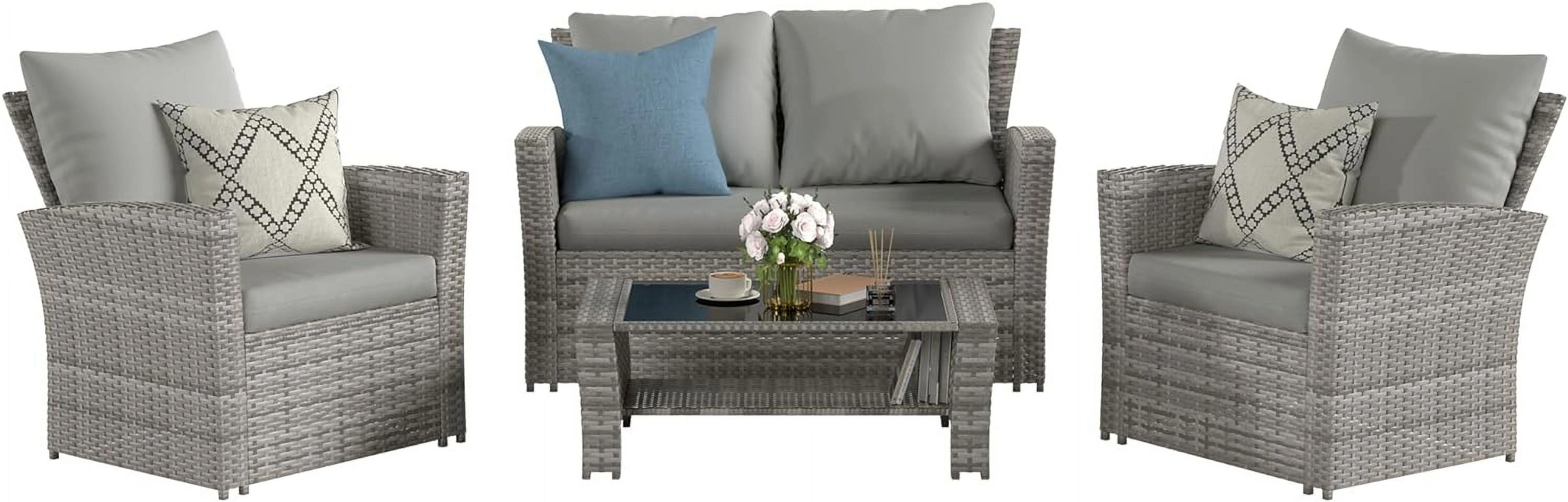 Poteban Wicker Patio Furniture Set, 4 Piece Outdoor Sectional Conversation Sets, Gray PE Rattan Patio Sofa Set for Balcony, Porch, Backyard, Grey