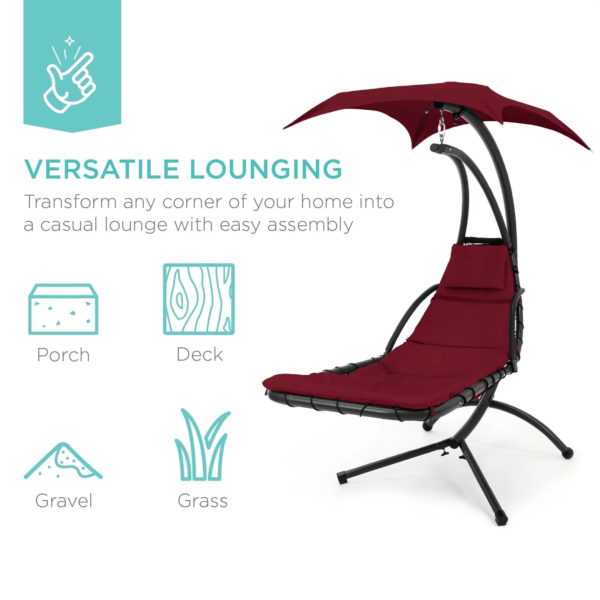 Best Choice Products Hanging Curved Chaise Lounge Chair Swing for Backyard, Patio w/ Pillow, Shade, Stand - Teal - Image 73