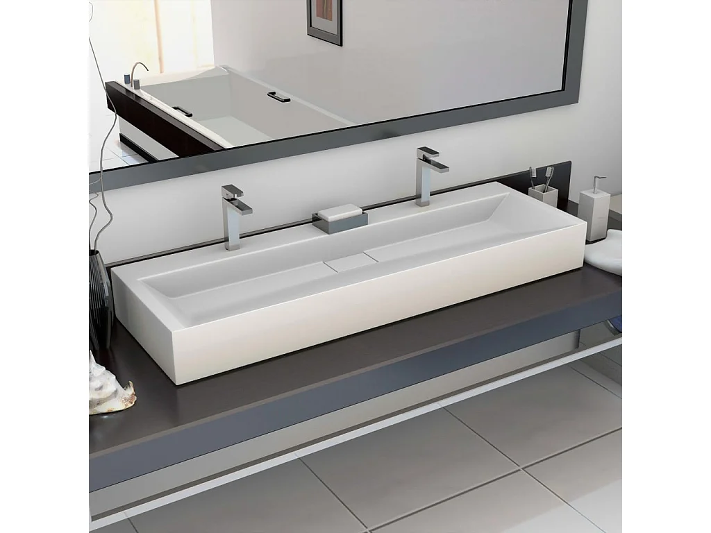 Lavabo salle de bain-Vasque à poser 120x46x11 cm Fonte minérale/marbre Blanc