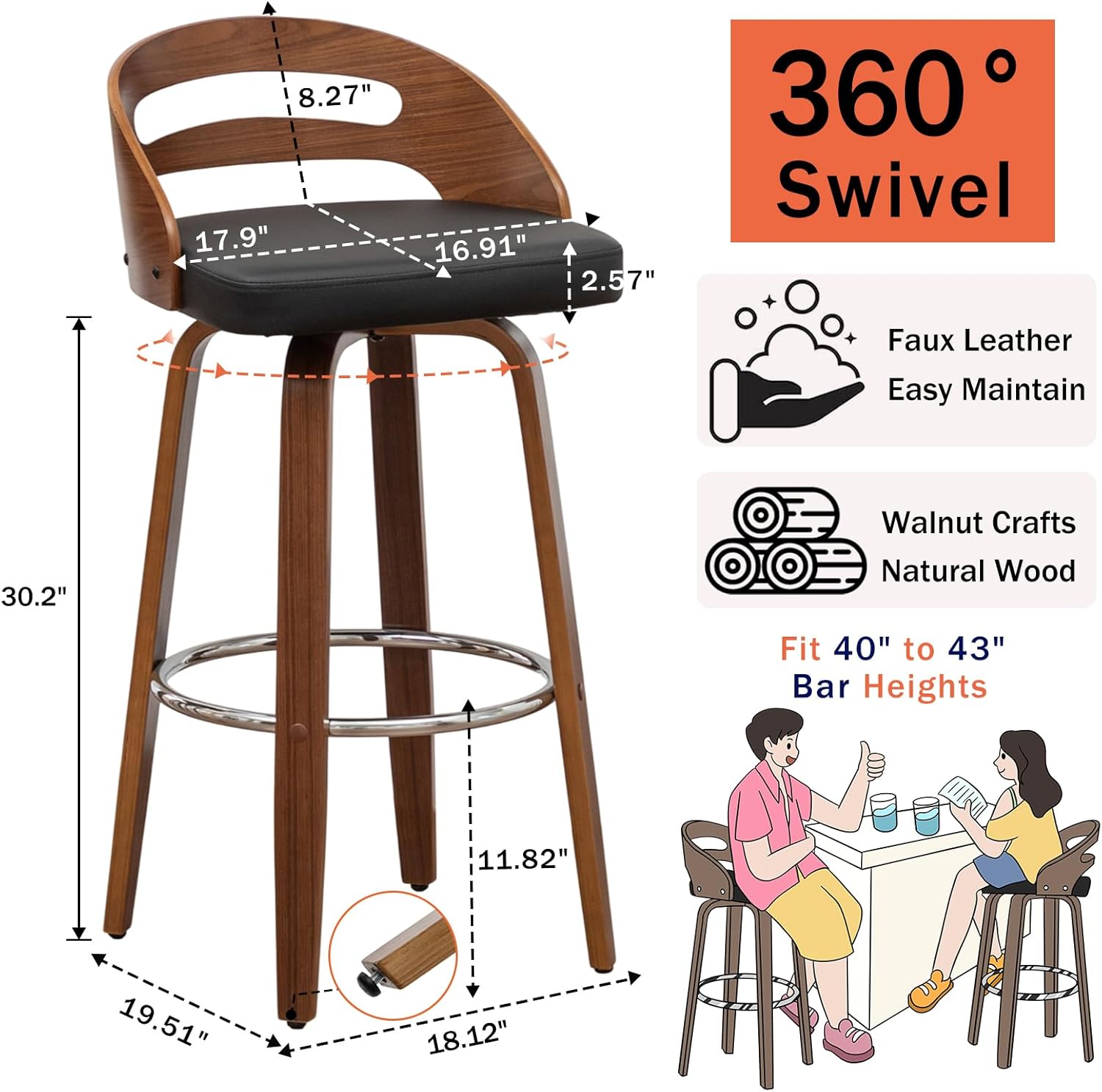 Swivel Bar Stools Set of 3, 30 inch Mid Century Bar Stools with Bentwood Curved Back, Walnut Craftsmanship, Upholstered Faux Leather, Bar Height BarStools for Bar/Cafe/Pub (Black, 30