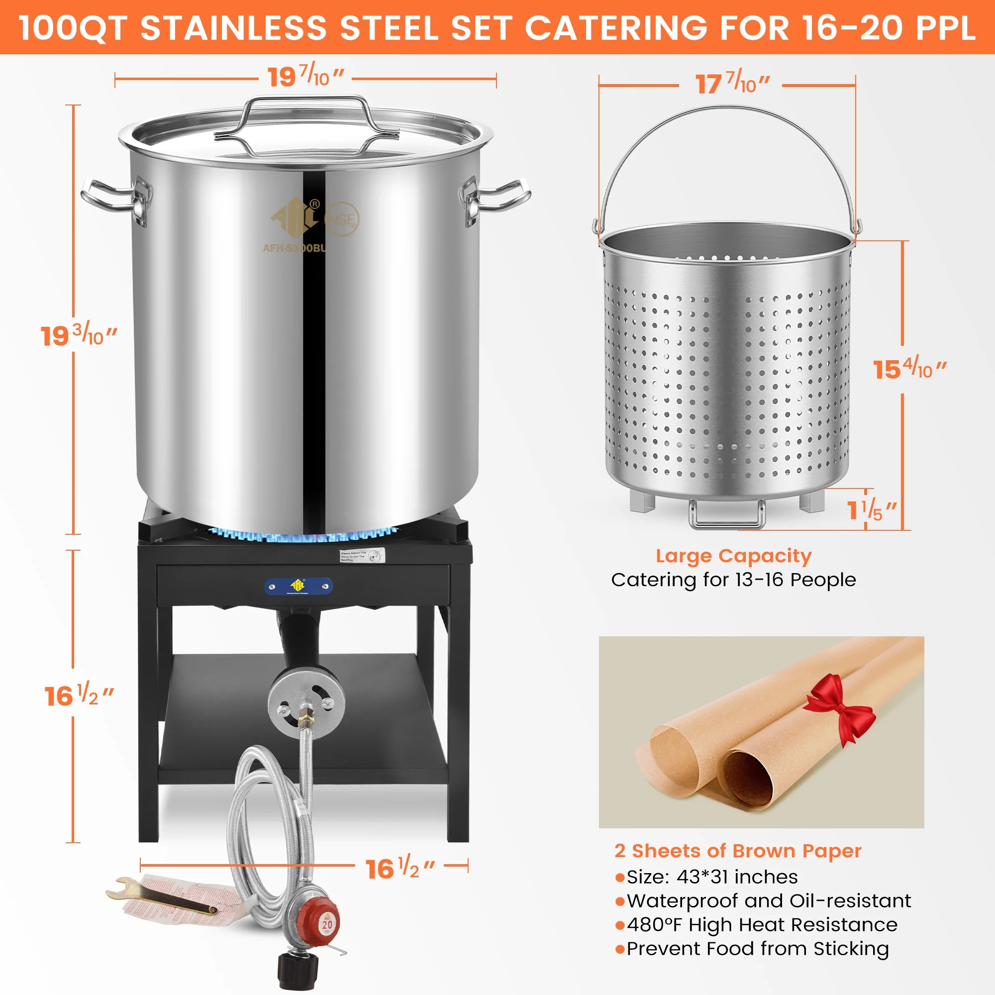 100QT Stainless Steel Seafood Boiling Kit, 200,000BTU Propane Stove for Outdoors Cooking, Large Stock pot w/Basket for Shrimp, Lobster, Crab Crawfish, Turkey Deep Fryer, Seafood Boil Pot