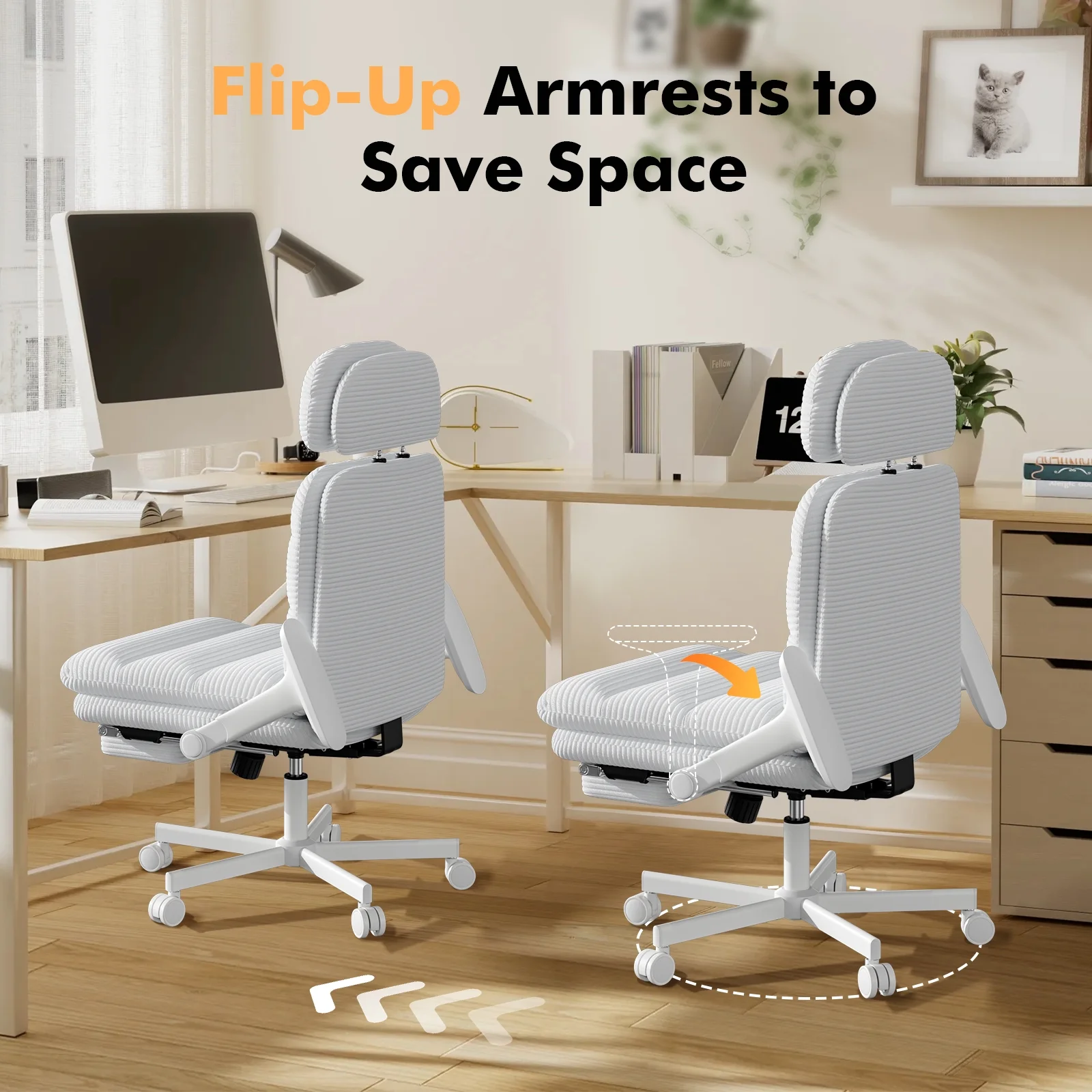 HomeZeer Ergonomic Cross-Legged Office Chair with Footrest & Headrest, Heavy Duty Executive Desk Chair with Flip-up Armrests, Corduroy Fabric Computer Criss Cross Chair for Home Office, Black - Image 27