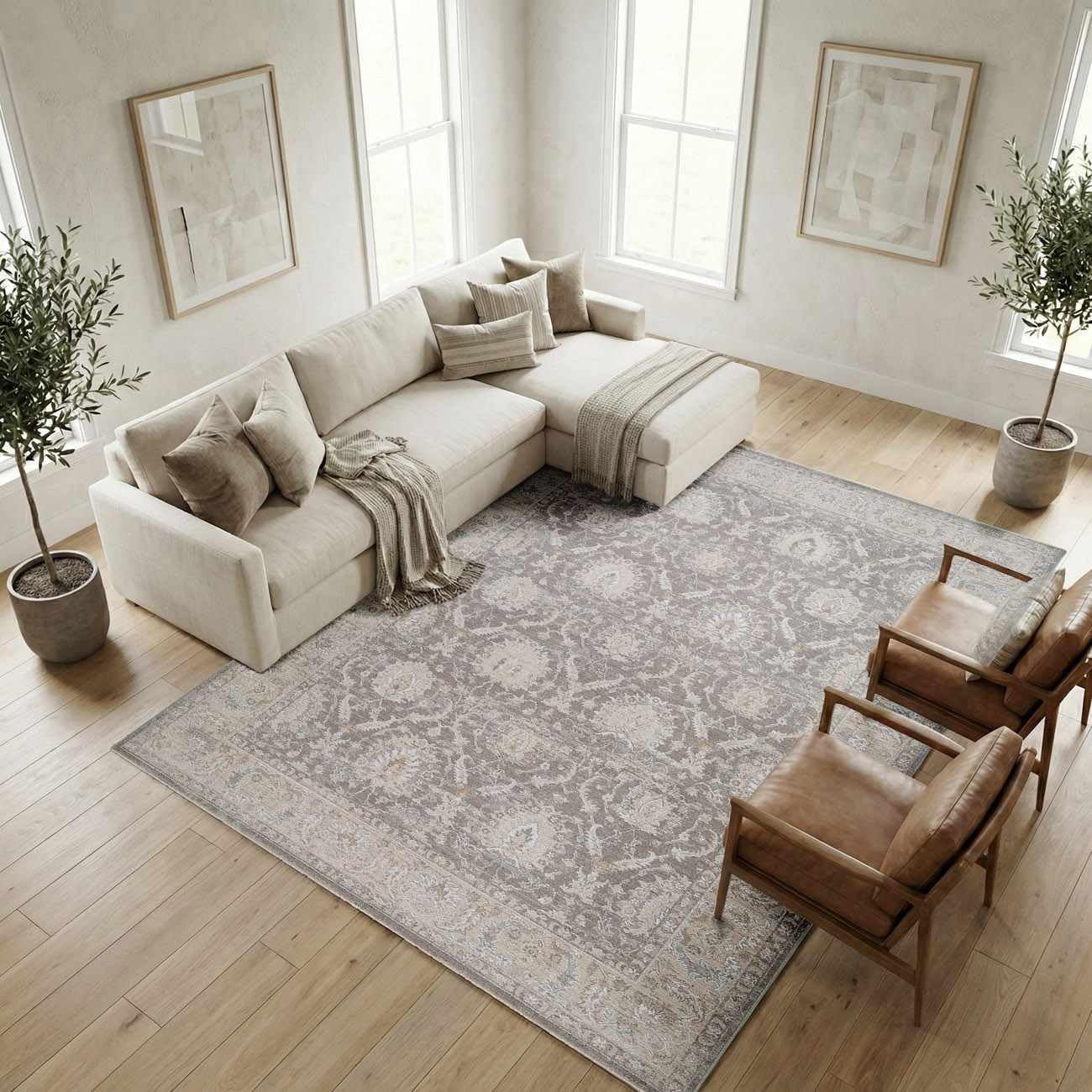 Hauteloom Bellington Living Room, Bedroom Area Rug - Neutral Traditional Bohemian Bordered - Gray, Cream, Beige, Brown - 7'10