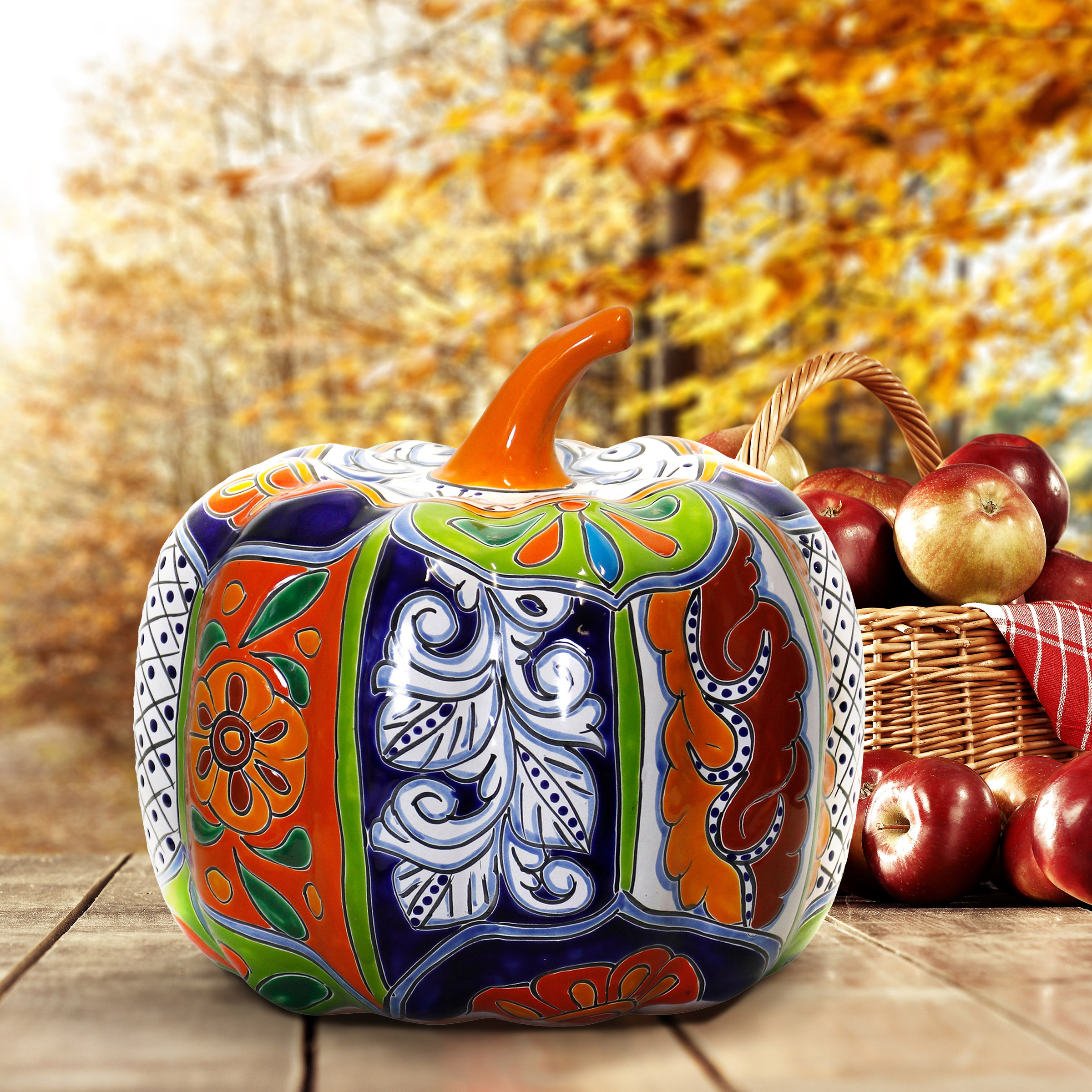 13' Talavera Style Ceramic Pumpkin - Image 2