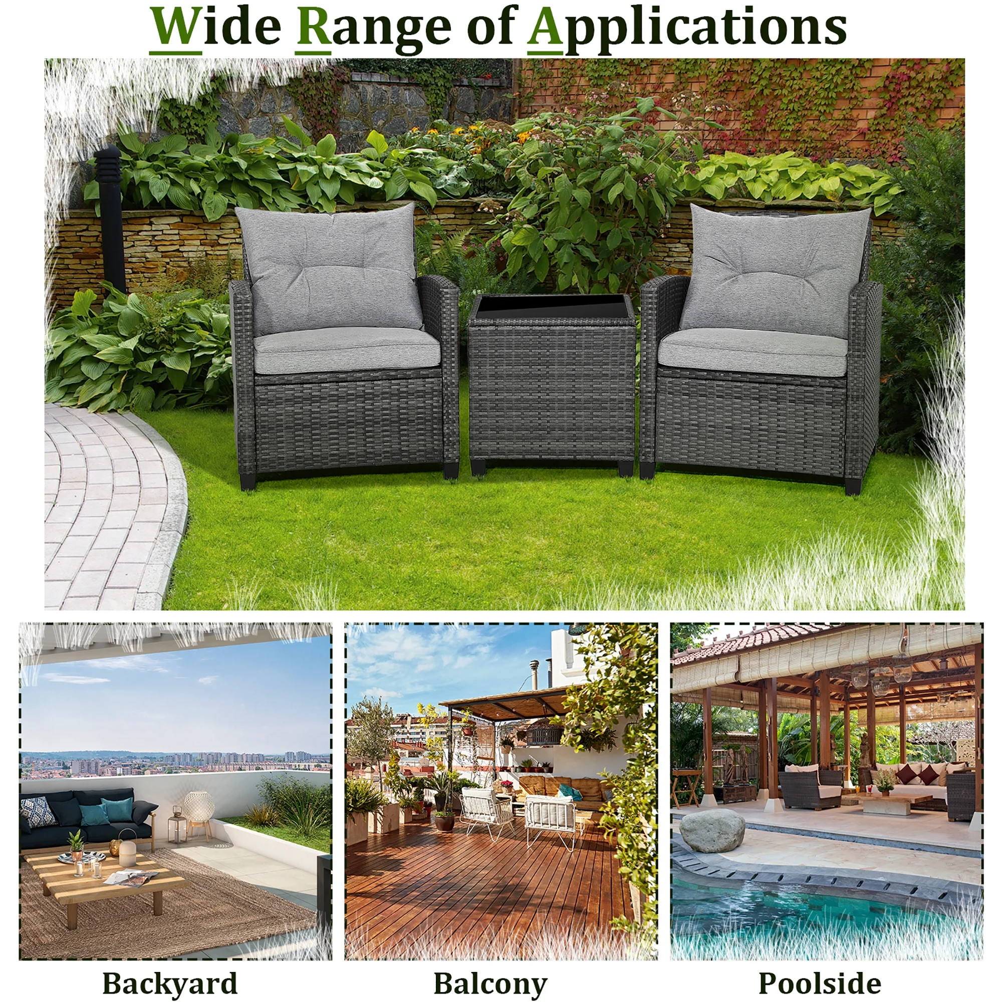 Gymax 3PCS Patio Rattan Sofa Set Outdoor Wicker Conversation Set Glass Tabletop w/ Grey Cushion - Image 8