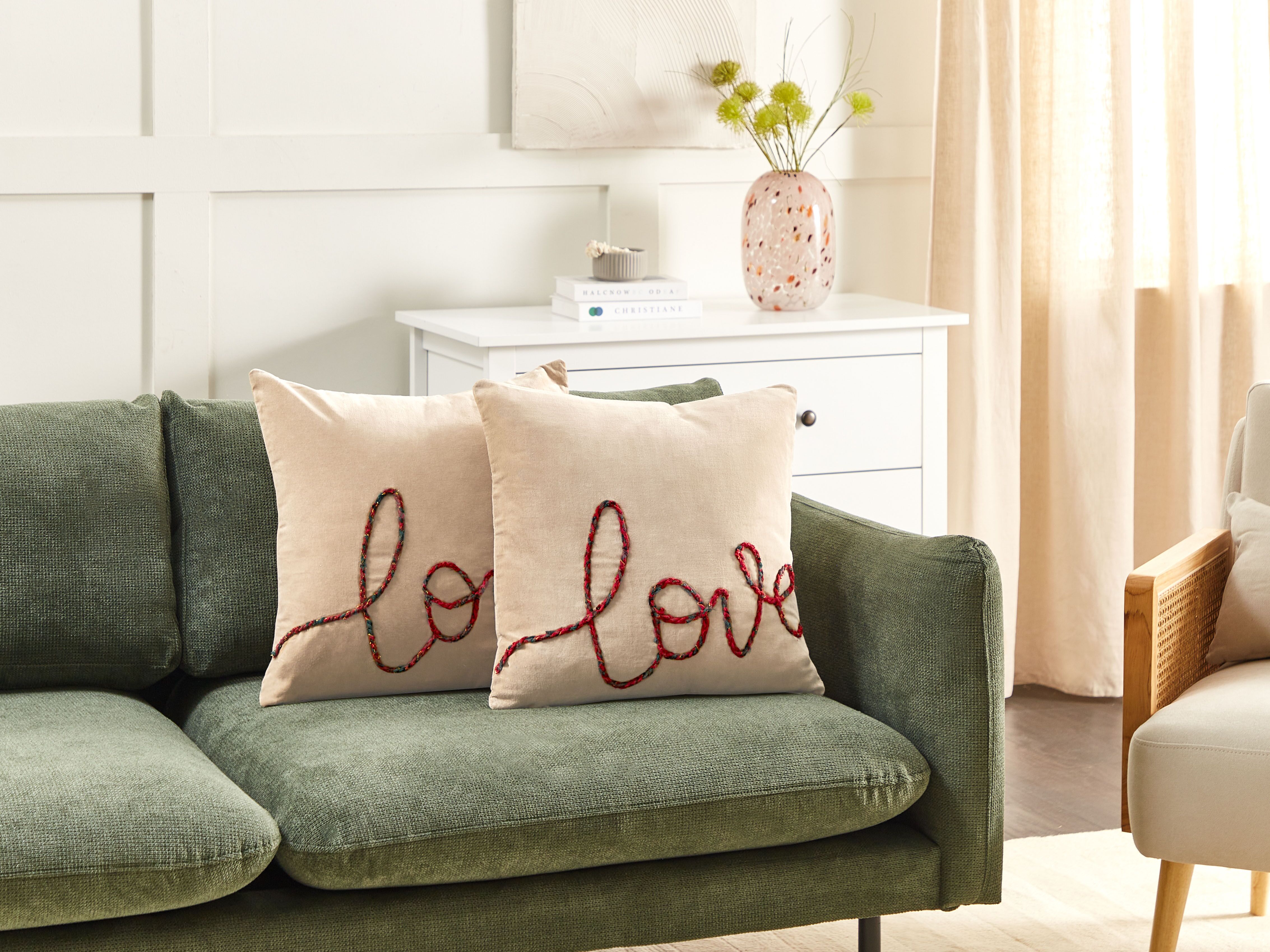 Set of 2 Decorative Cushions ROTALA Cotton 45 x 45 cm Beige Text