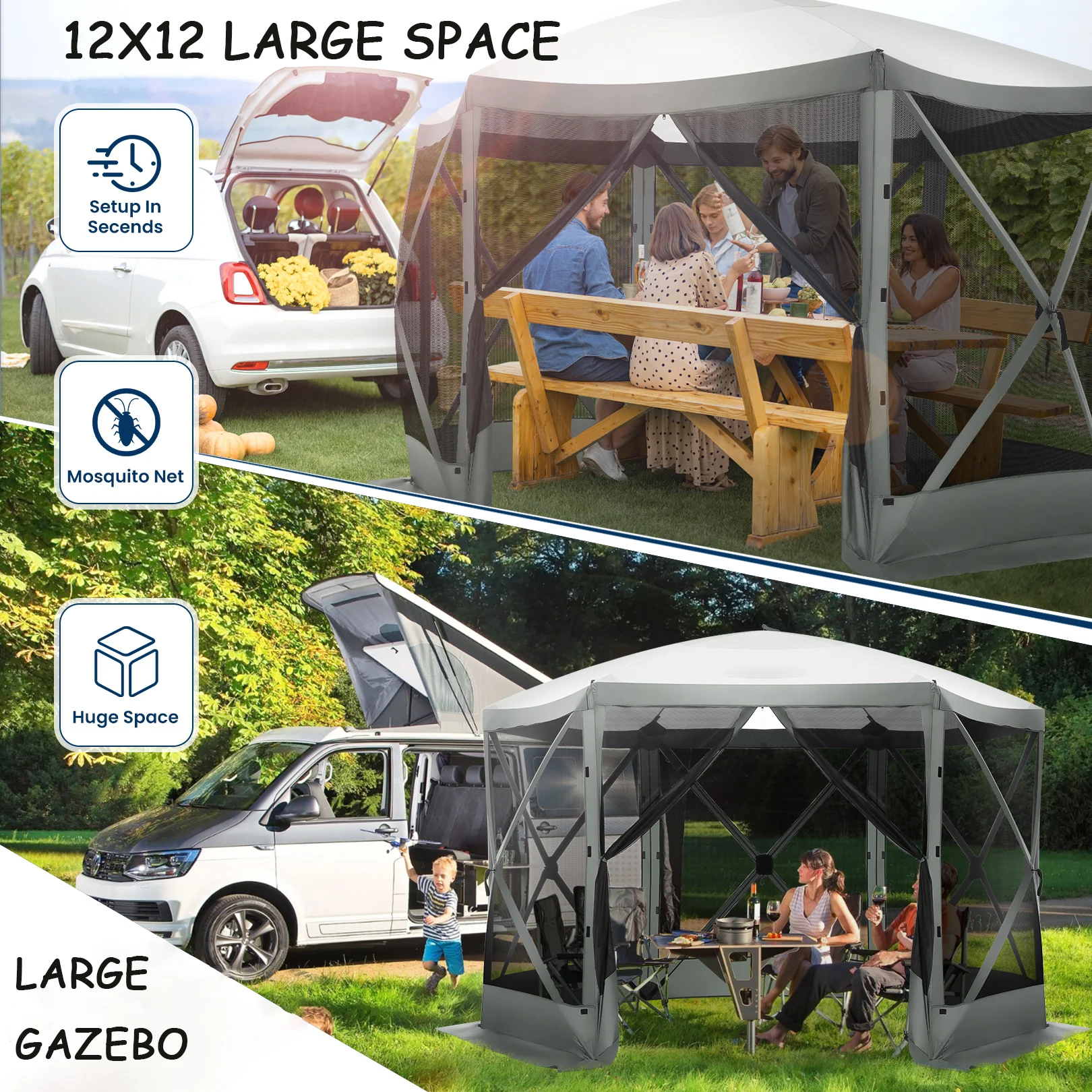 COBIZI 12'x12' Pop-up Gazebo Outdoor Camping Tent with 6 Sides Mosquito Netting, Waterproof, UV Resistant, Portable Screen House Room, Easy Set-up Party Tent with Carry bag, Ground Spike, Brown - Image 30