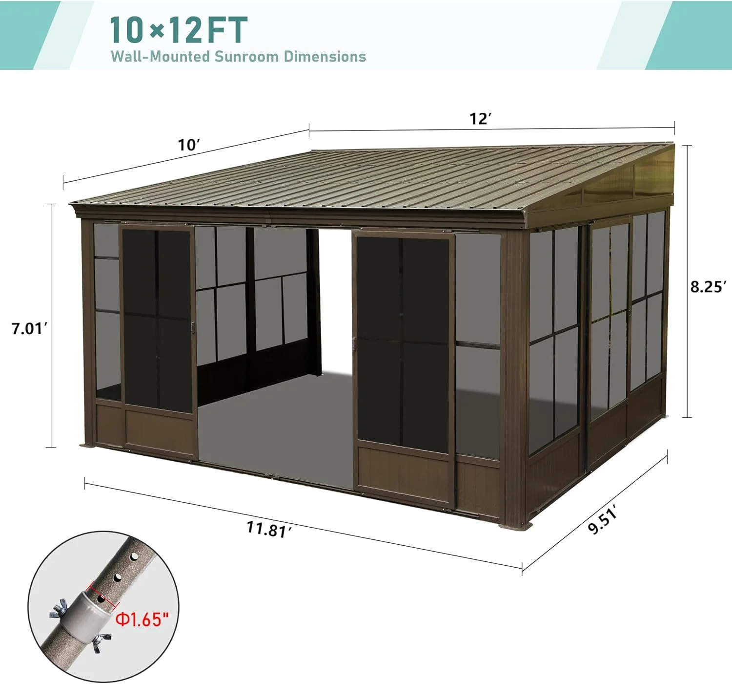 TOTAL Outdoor 10'x12' All-Season Sunroom Gazebo with Steel Roof, PVC Screen, Front & Side Door, Brown - Image 2