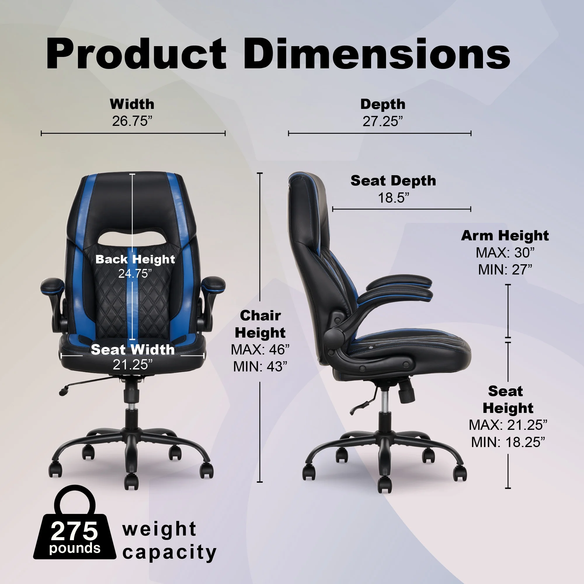 Gamer Gear Maven Gaming Chair with Flip-Up Armrest and Adjustable Height and Tilt, Teens and Adults, Black and Blue Accents