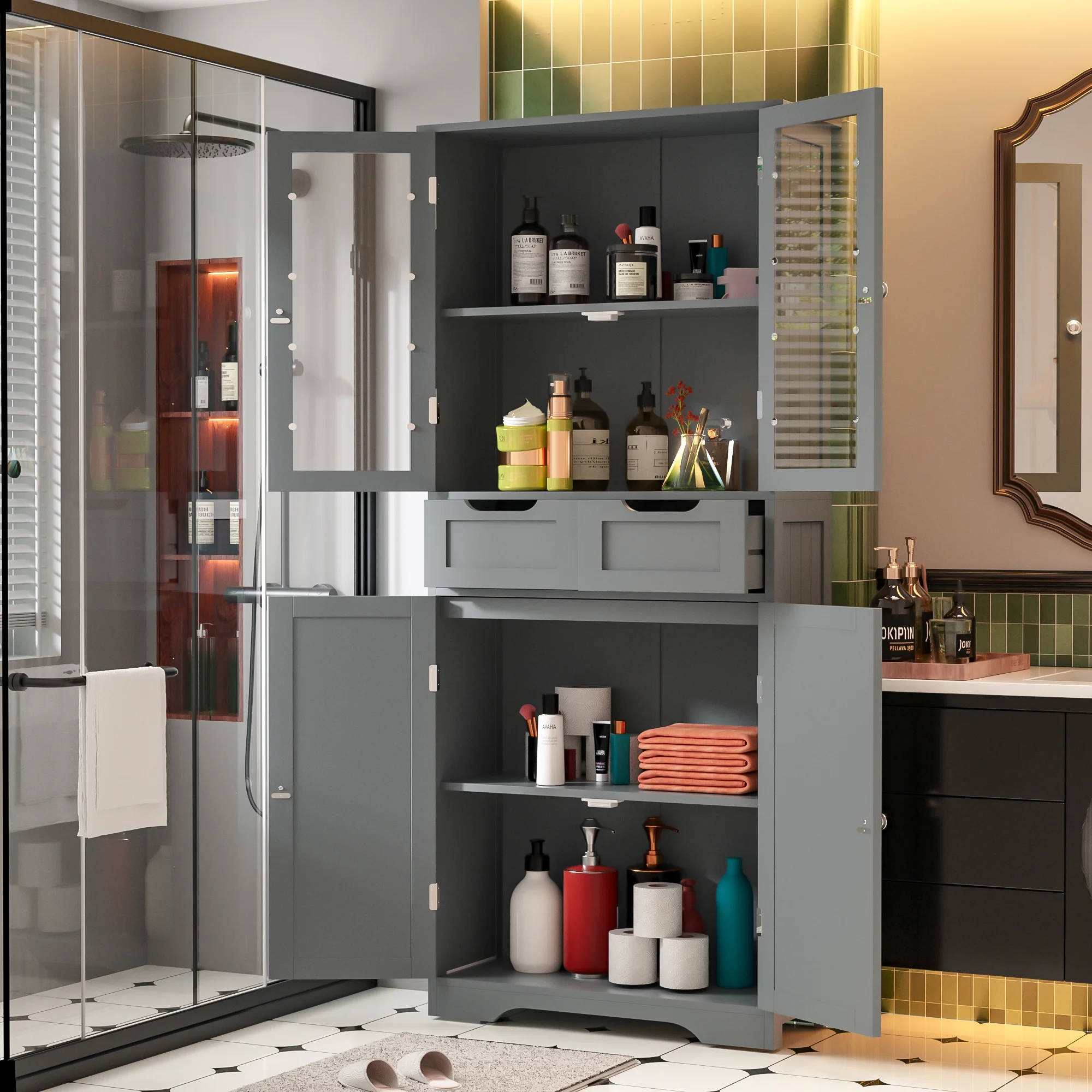 Joywind Gray Freestanding Bathroom Storage Cabinet with Glass Doors - 67