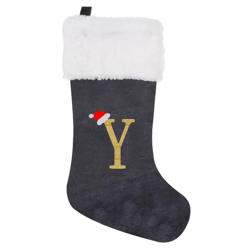 Gepersonaliseerde Fluwelen Kerstsok met Monogram – Modern Grijs Ontwerp