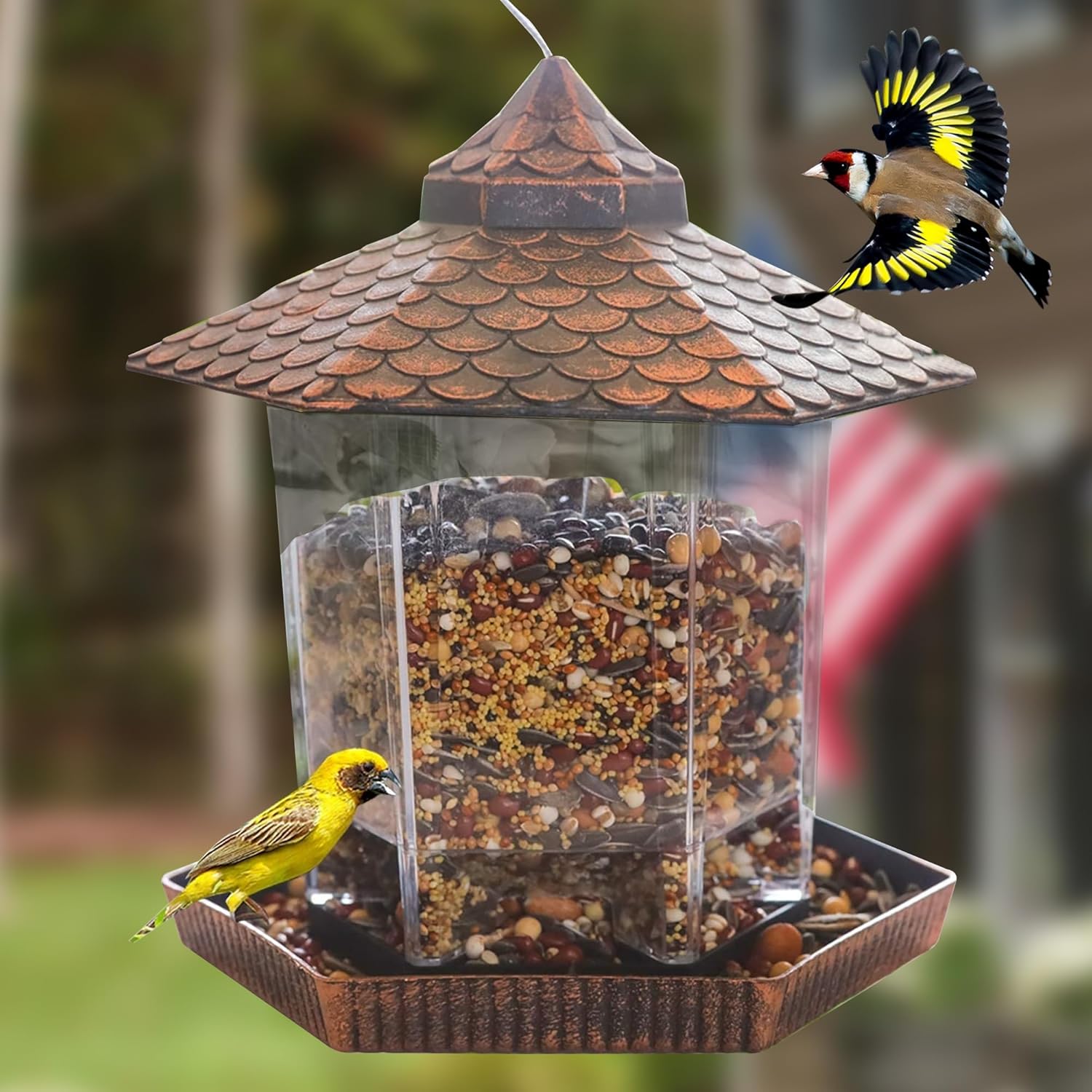 Duurzame Hangende Vogelvoederbak met Transparante Zaadcontainer en Koperen Dak voor Wilde Vogels - 20 cm x 22 cm