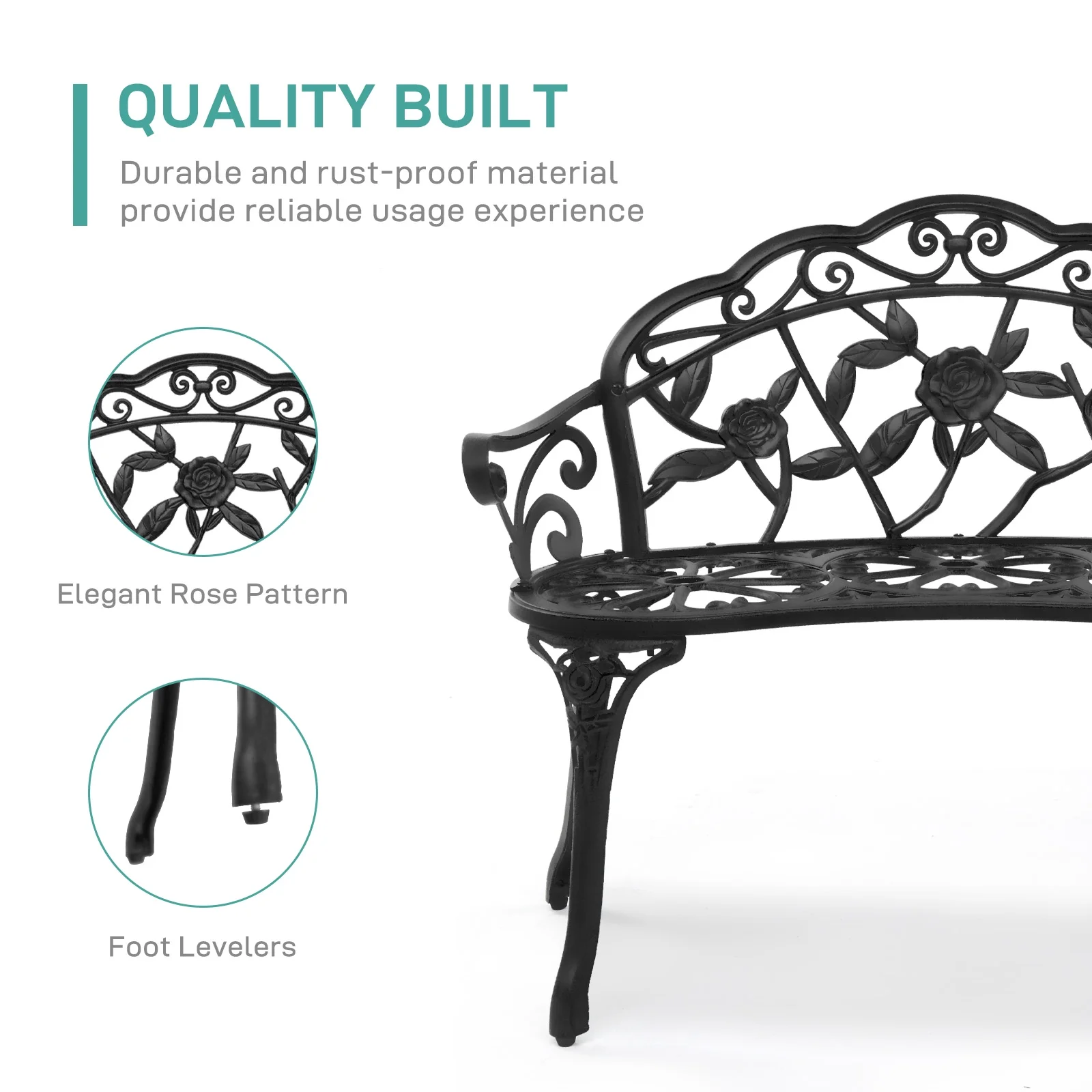 Zimtown Courtyard Park Outdoor Patio Bench Leisure Rose Cast Aluminum Chair, Metal Loveseat Bench for Garden Patio, Porch, Deck, Bronze - Image 15