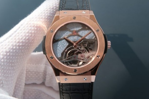 Replica Hublot Classic Fusion Tourbillon RG 45mm TF Skeleton Purple Dial Black Gummy Strap A23J - Top club