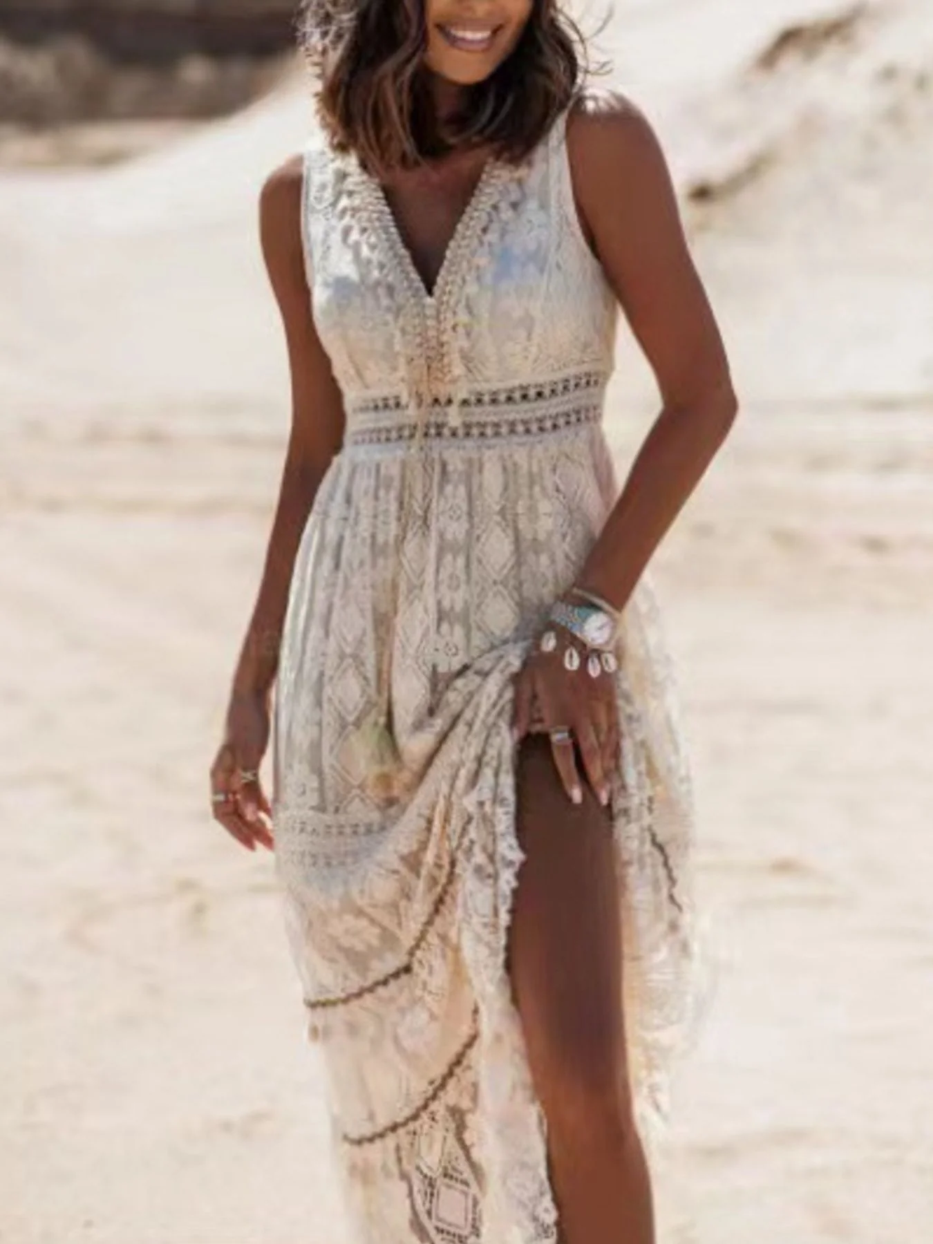 Lace V-Neck Sleeveless Maxi Dress - ZKZOOK