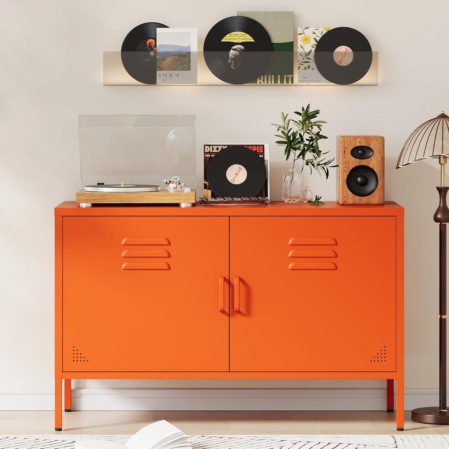 Orange Metal Storage Cabinet with 2 Doors and Adjustable Shelves, Multipurpose Metal Locker Accent Cabinet, 25