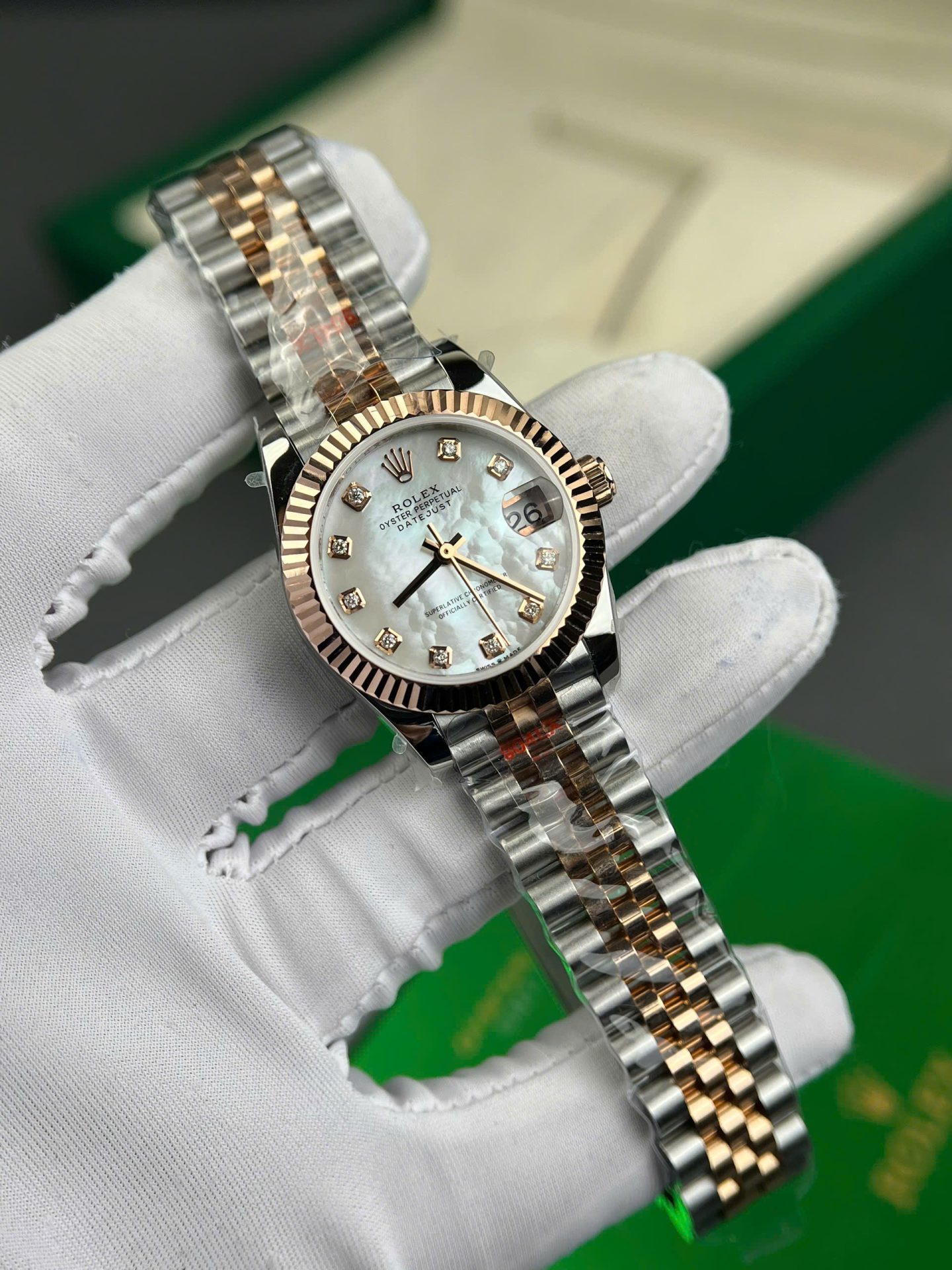 Rolex DateJust Replica Watch Gold Wrapped + MOP Dial Natural Diamond Markers GM Factory 31mm - Elite Watch Atelier