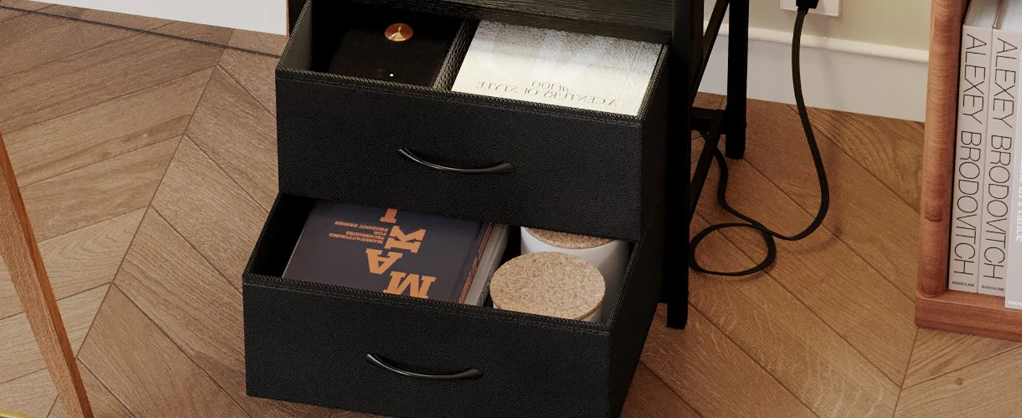 Modern Black LED Nightstand 2 Fabric Drawers Storage Organization