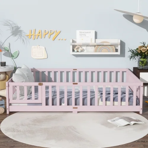 Bellemave Full Size Floor Bed with Door and Fence Floor Bed with Bed Slats Sturdy Wood Floor Bed Montessori Bed Frame (Full, Pink) - Image 2