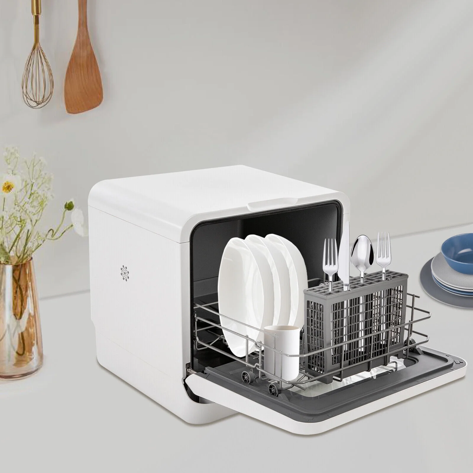Compact Countertop Dishwasher - 785W, 120V, White, Touch Control, Efficient Dishwashing for Small Spaces, Ideal for Apartments, Dorms, RVs, and Offices