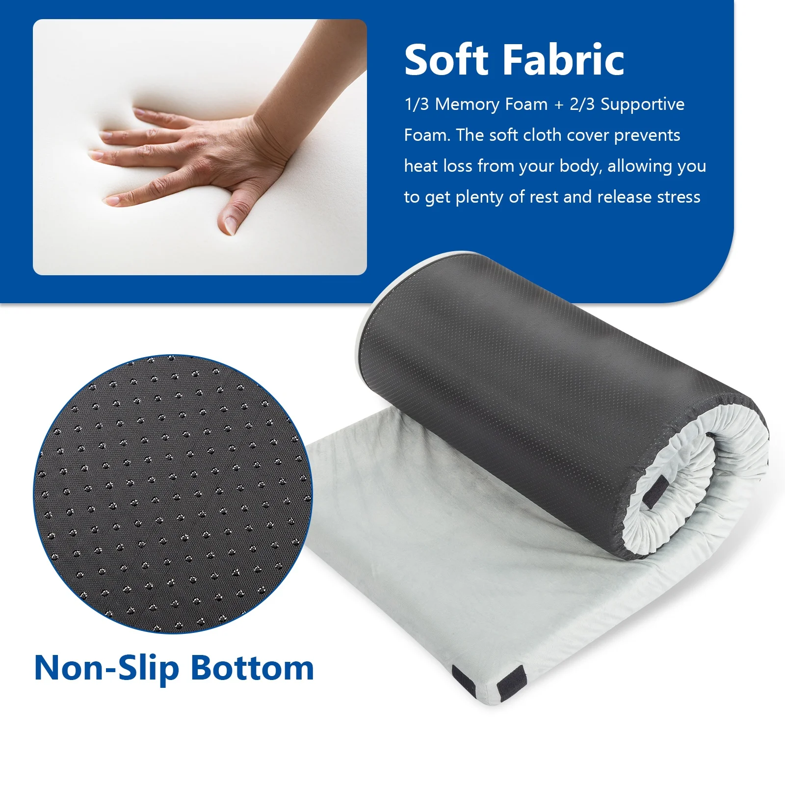 Seizeen Camping Mattress Pad, Portable Roll Up Sleeping Pad for Camping, Memory Foam Floor Sleeping Mat for Tent Car Travel, Storage Bag, Waterproof Bottom, Gray Plush Fabric, 75