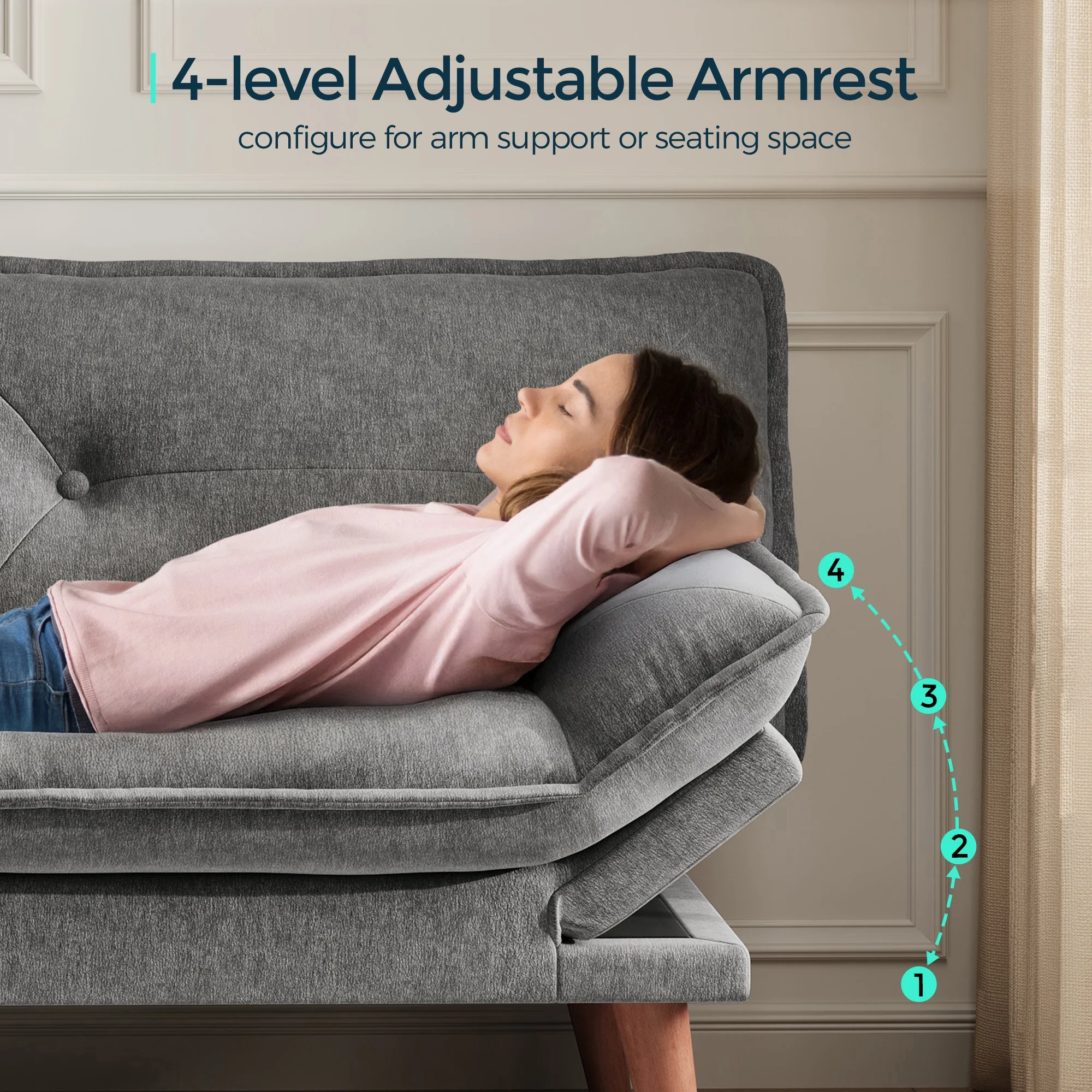 Linsy Home 70" W Chenille Convertible Futon Sofa Bed with Adjustable Armrests, Green - Image 35