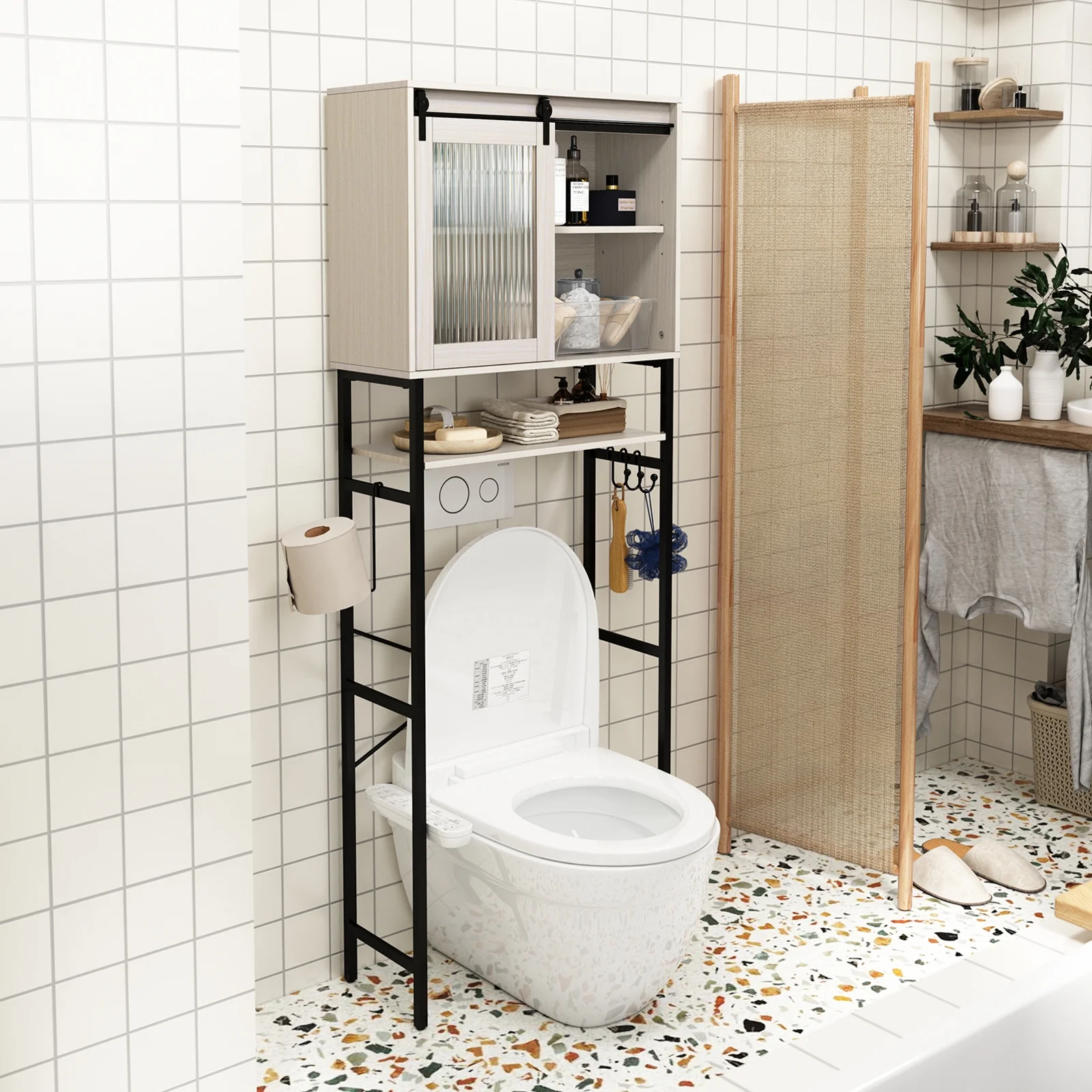 HLR Bathroom Storage Cabinet over Toilet with Sliding Door,Toilet Storage Iron Shelf, Wooden Cabinet