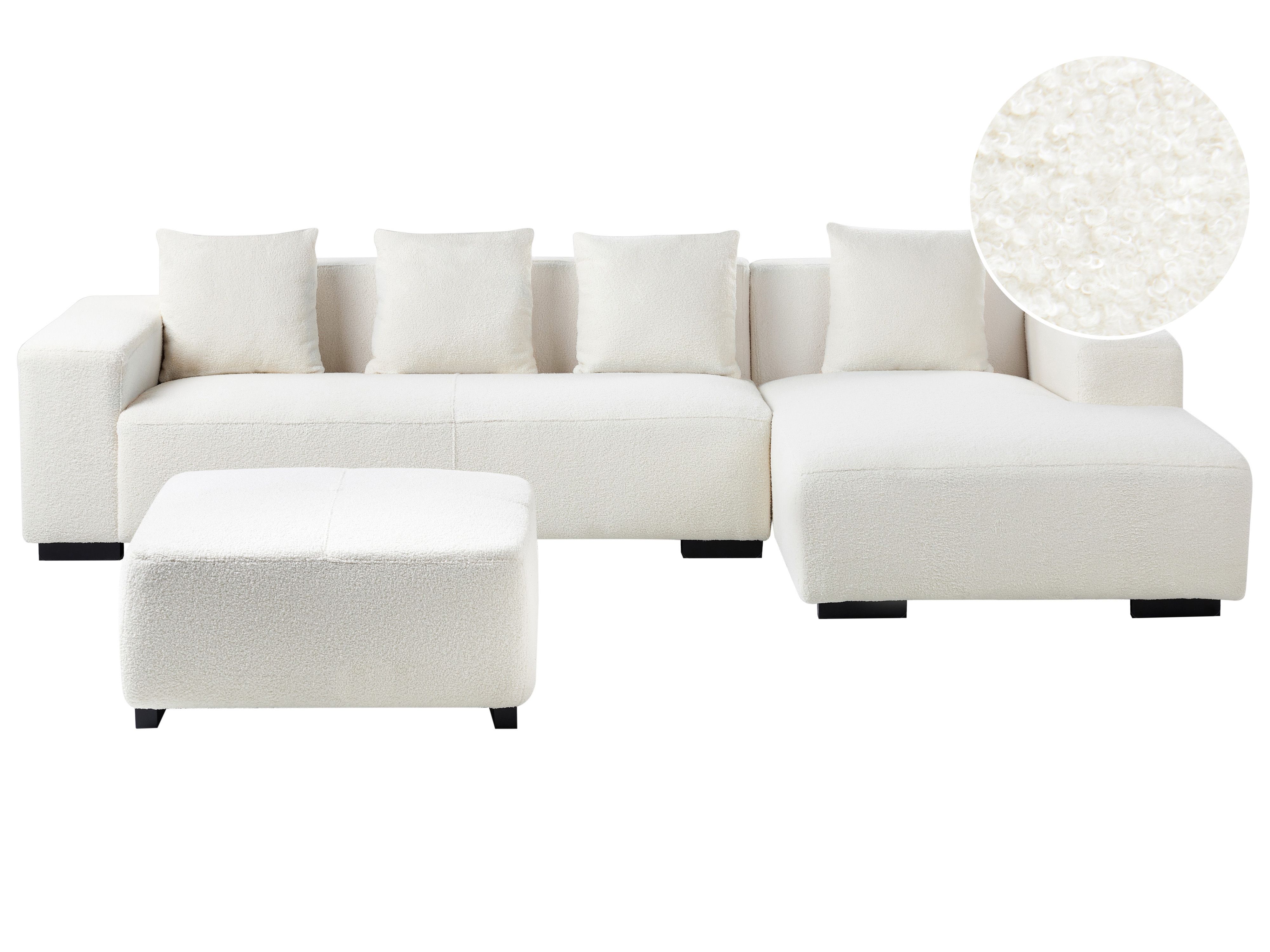 Corner Sofa 4 Seater LUNGO Boucle White with Ottoman Left Hand