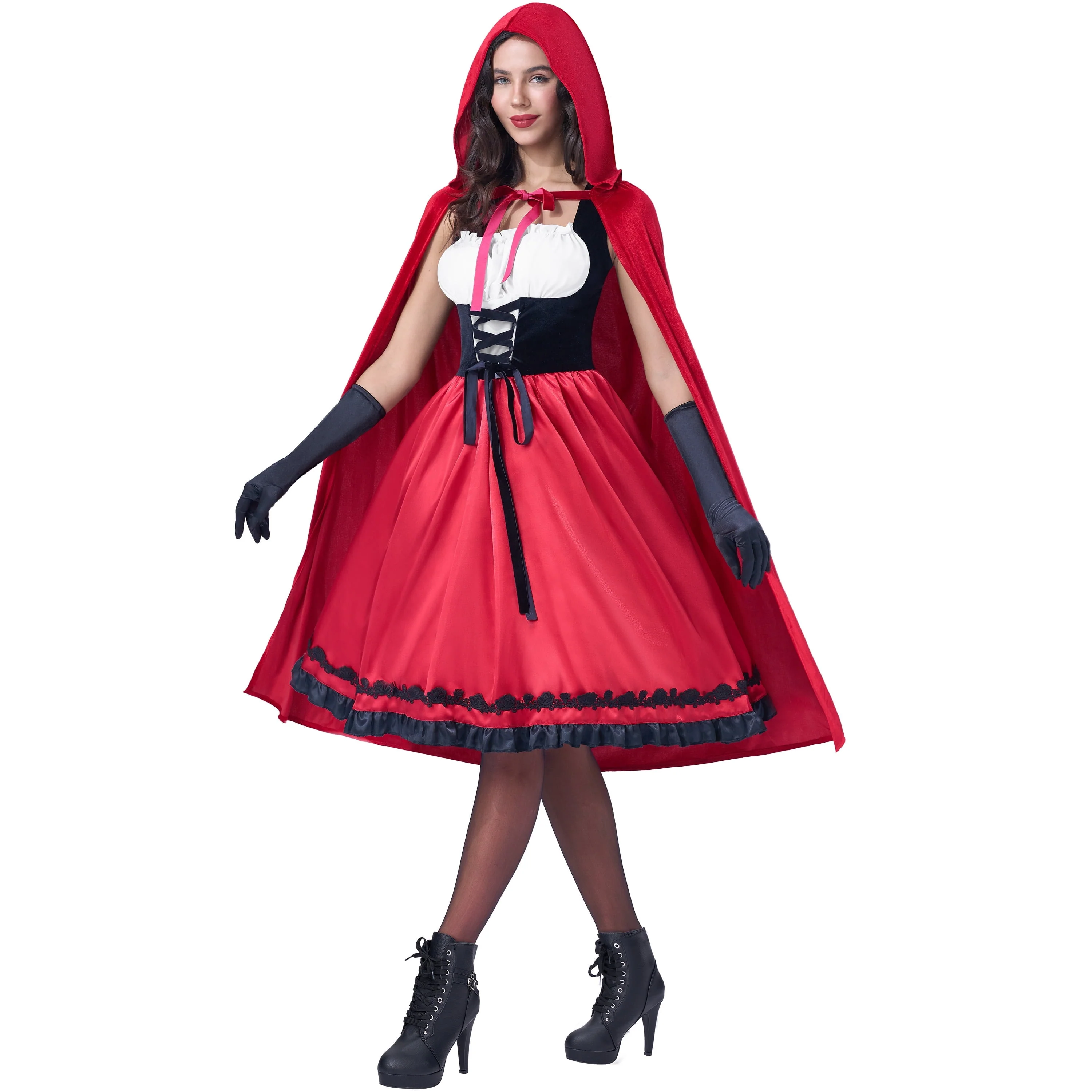 Joyfy Women Little Red Riding Hooded Costume with Dress, Cape and Gloves, Adult Women Halloween Costume for Halloween Party Cosplay - Image 12 Joyfy Women Little Red Riding Hooded Costume with Dress, Cape and Gloves, Adult Women Halloween Costume for Halloween Party Cosplay - Image 12