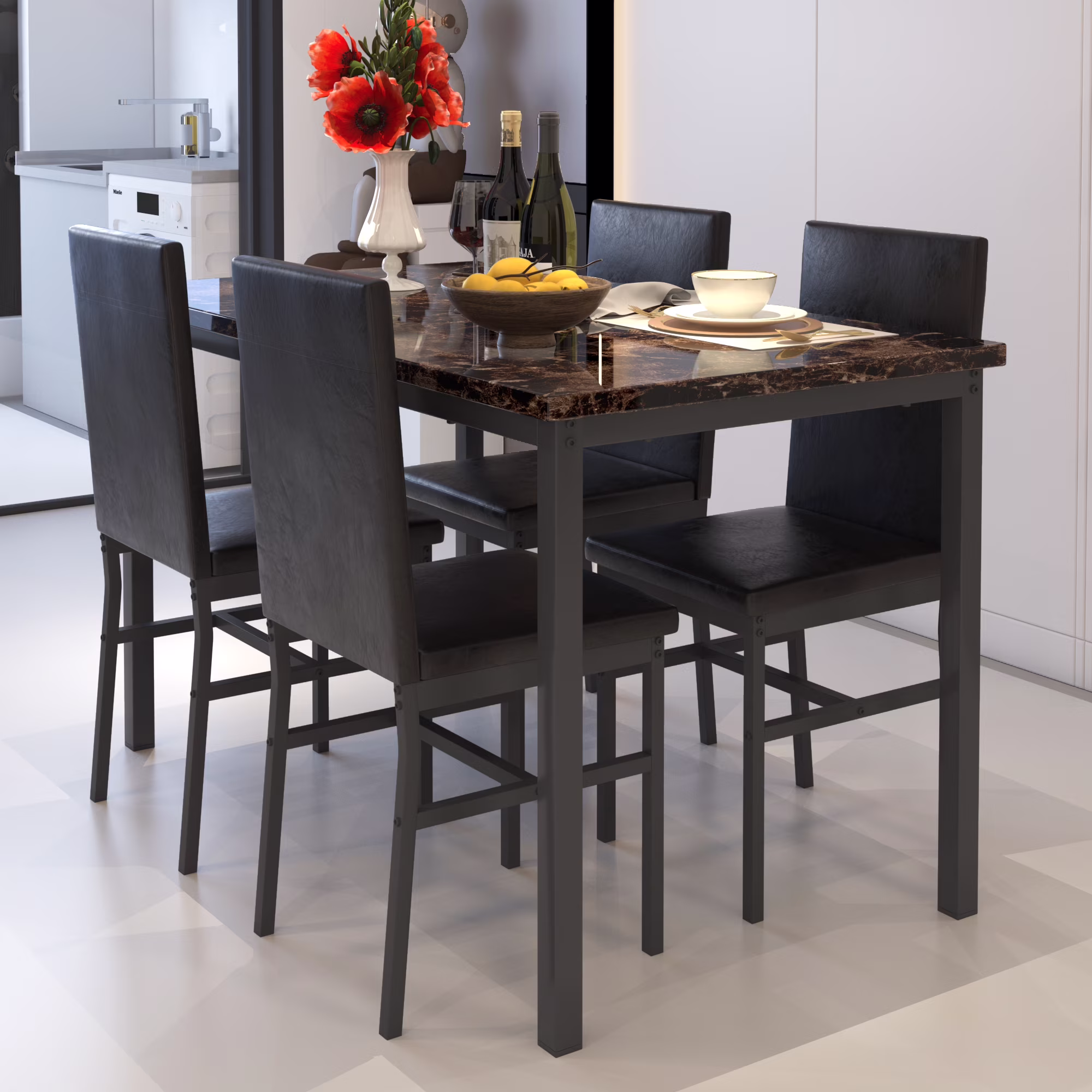 5 Piece Dining Set, Modern Dining Table and Chairs Set for 4, Counter Height Bar Table Set, Modern Pub Table with 4 Velvet Fabric Cushioned Stools, Faux Marble Dining Table & Stools Set, D9297 - Image 11