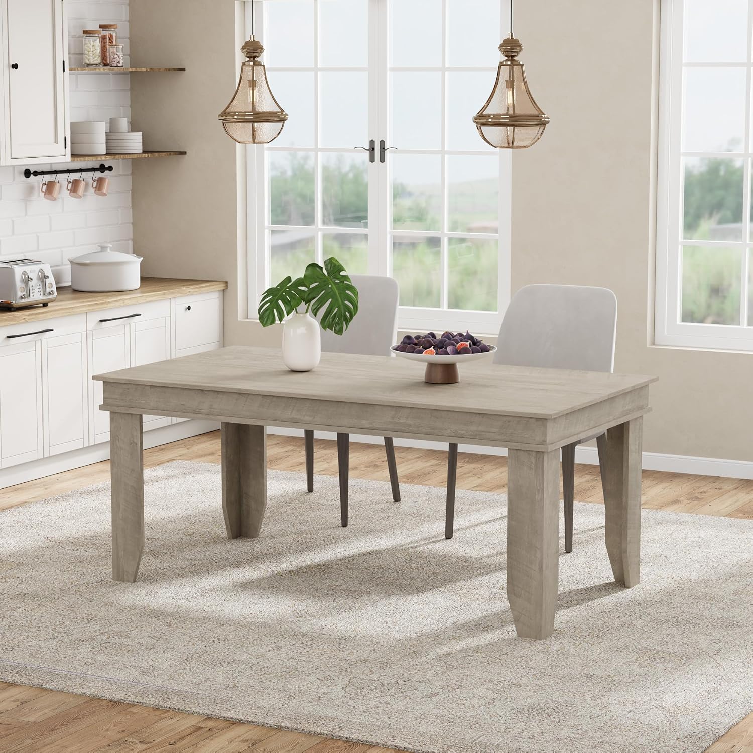 GarveeHome Farmhouse Dining Table for 4-6 People, 63 in Long Kitchen Tables with Wooden Sturdy Frame, 5 ft Large Rectangular Dinner Table for Dining Room, Kitchen, Grey, 63