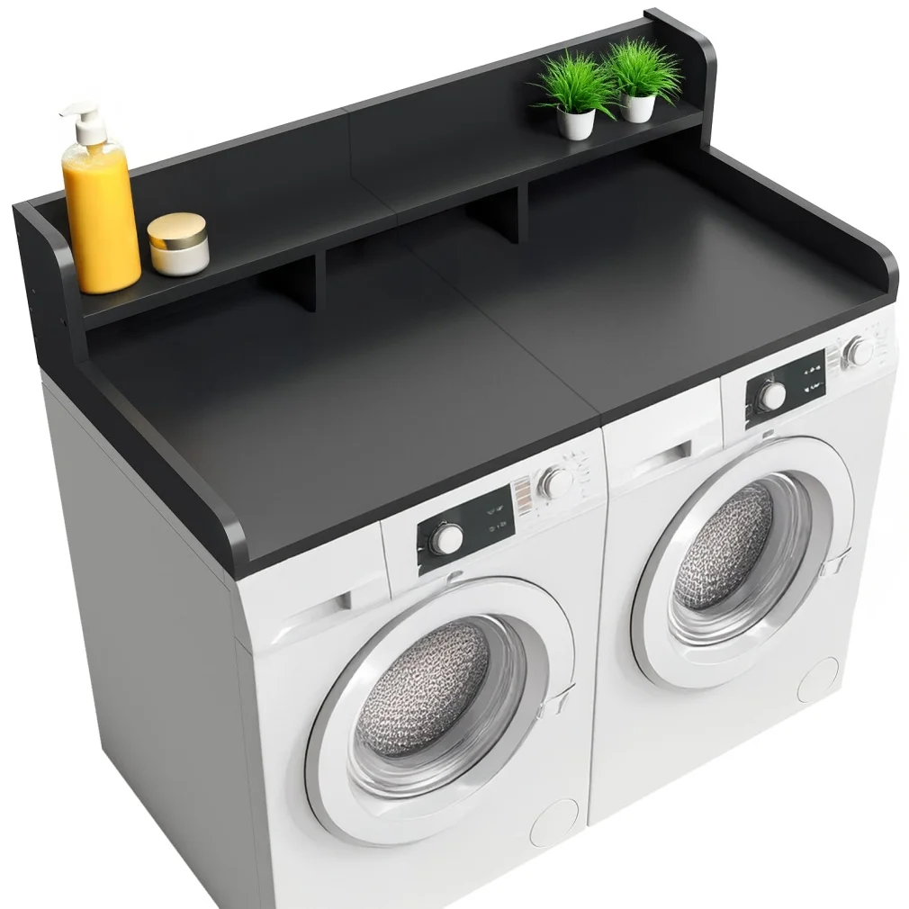 Modern Washer Dryer Countertop with 2-Tier Shelf,Laundry Room Countertop Organization Storage with 2.75" H Guard Edge Rails,Non-Slip Pad,Waterproof and Easy to Clean,54"W x 27.55"D,Natural Wood - Image 42