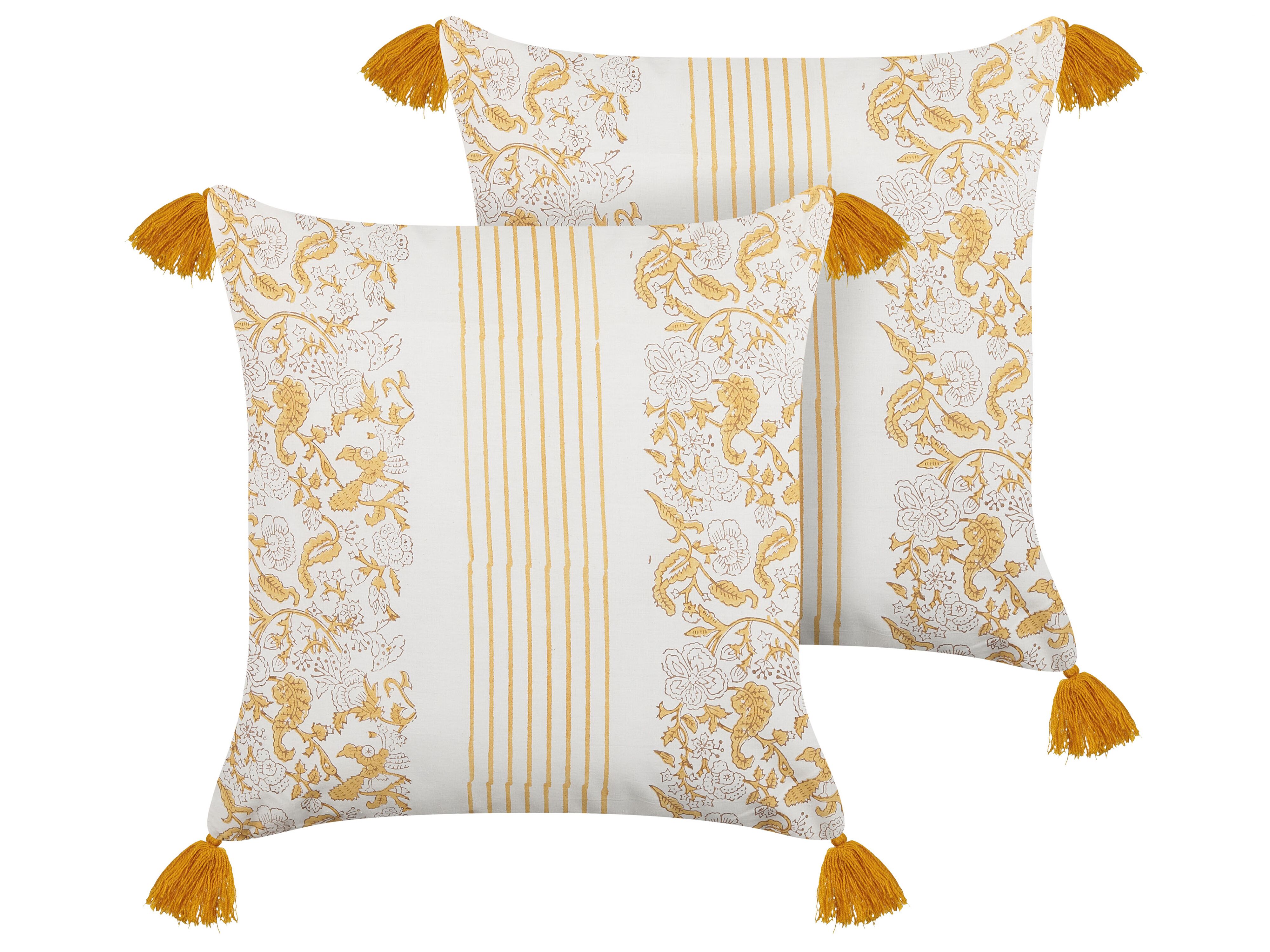 Set of 2 Decorative Cushions BILOBA Cotton 45 x 45 cm Yellow Floral Pattern