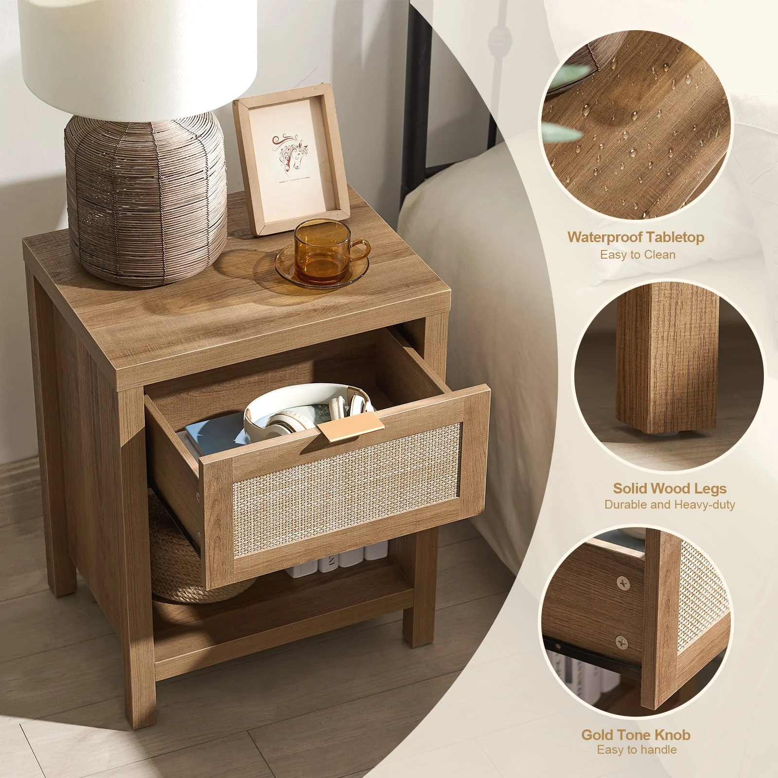 Surmoby Rattan Nightstand Set of 2,Farmhouse Bedside Tables with Drawer and Storage Shelf,Natural Boho End Table Side Table for Bedroom,Living Room - Image 3