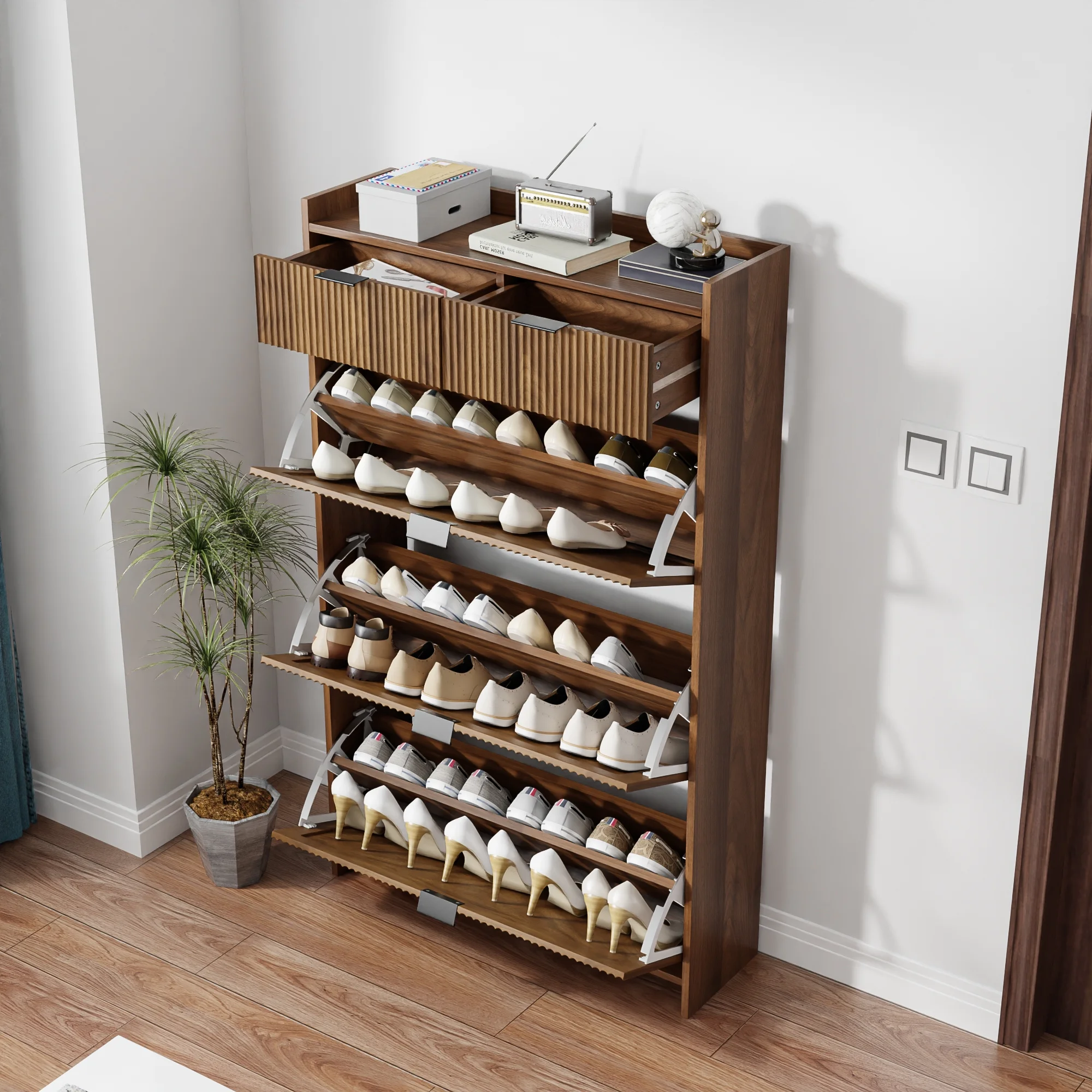 Shoe Cabinet, Free Standing Tipping Bucket Shoe Rack Organizer with 3 Flip Drawers, Modern Entryway Narrow Shoe Rack with 2 Drawers & Top Storage, for Hallway Bedroom, Walnut - Image 4